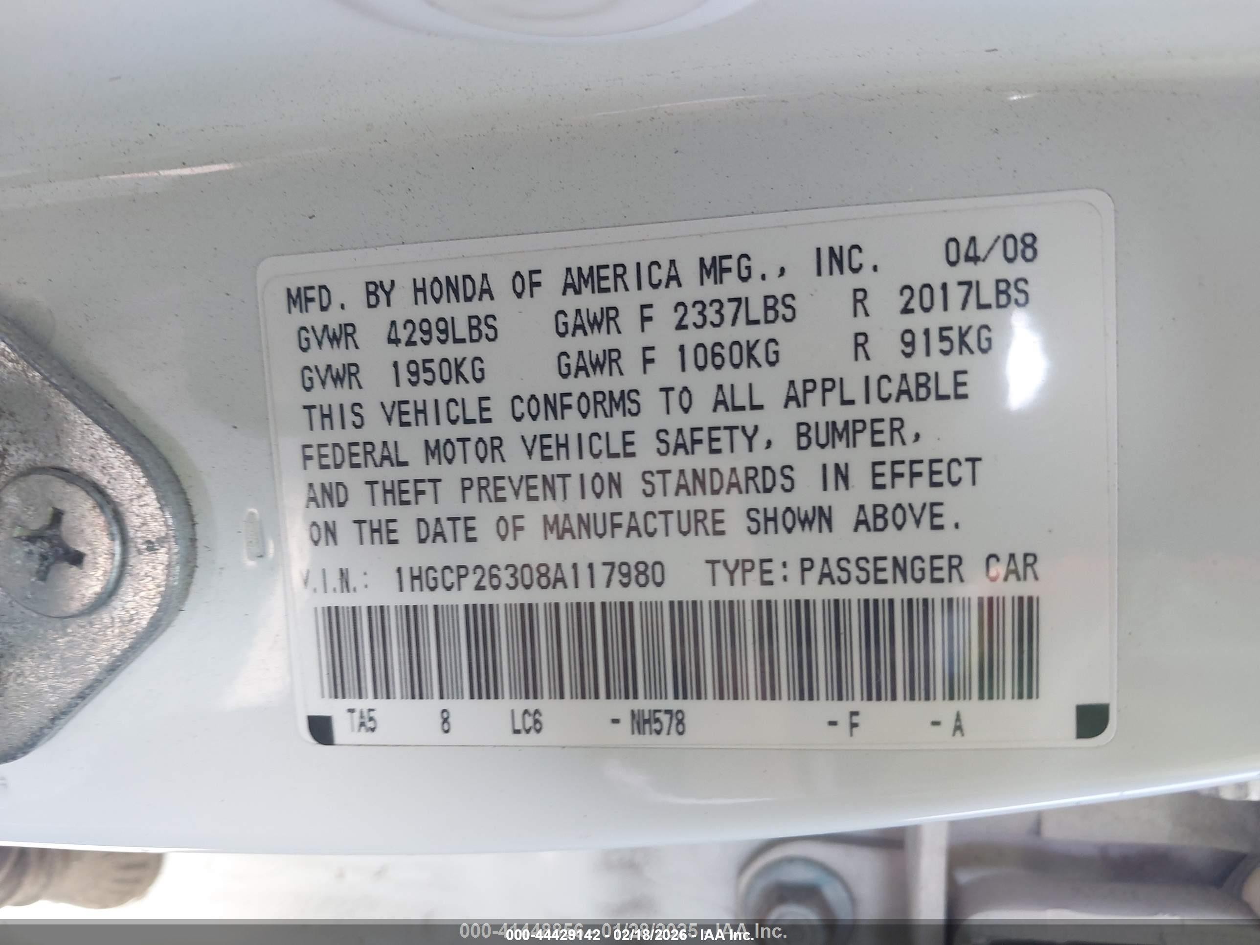2008 Honda Accord 2.4 Lx White vin: 1HGCP26308A117980