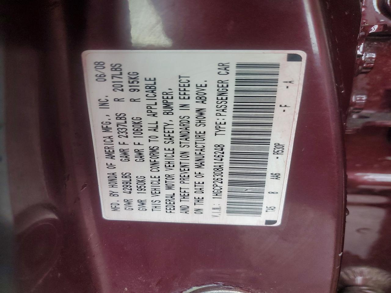 2008 Honda Accord Lx Burgundy vin: 1HGCP26308A146248