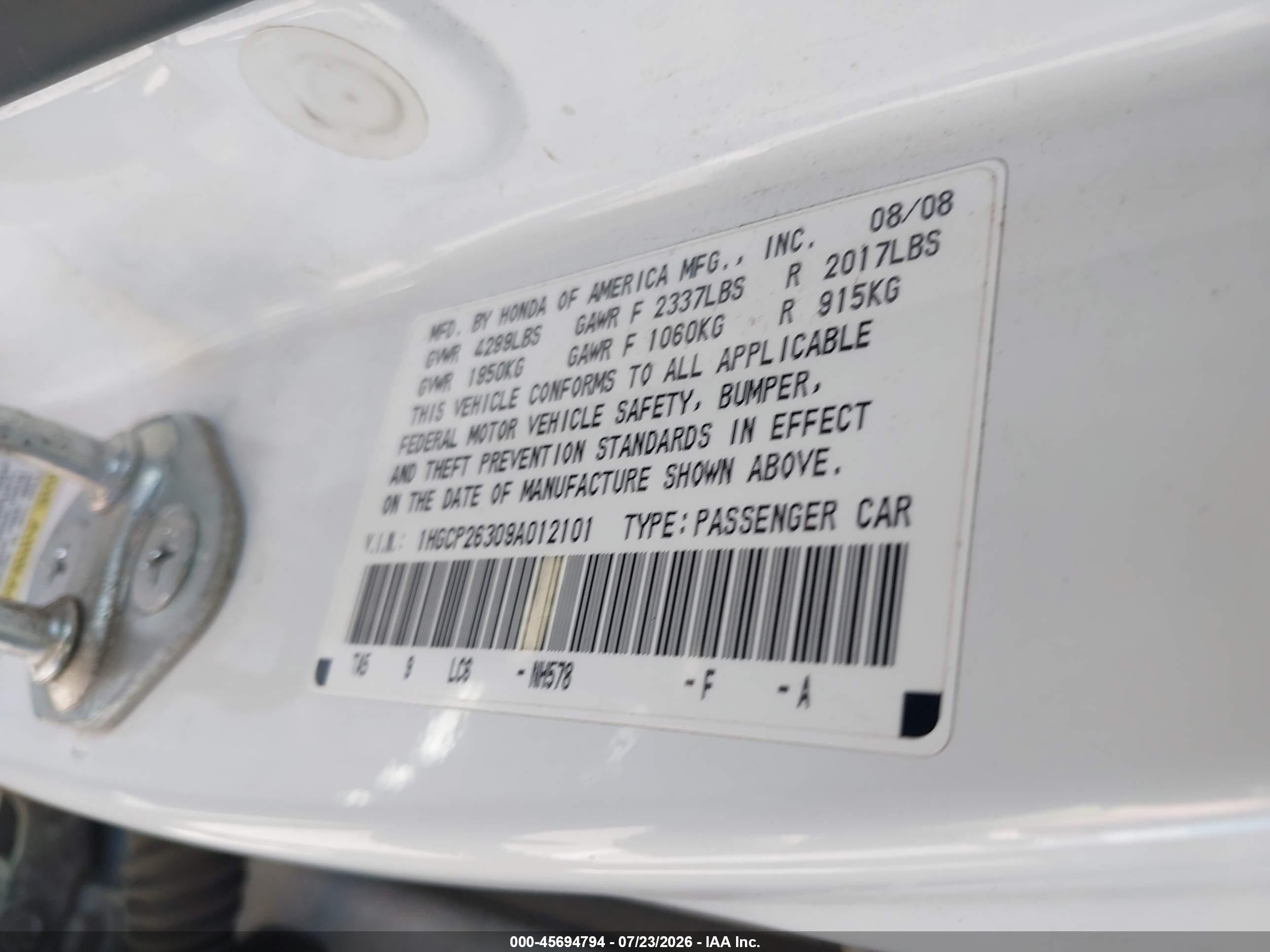 2009 Honda Accord 2.4 Lx White vin: 1HGCP26309A012101