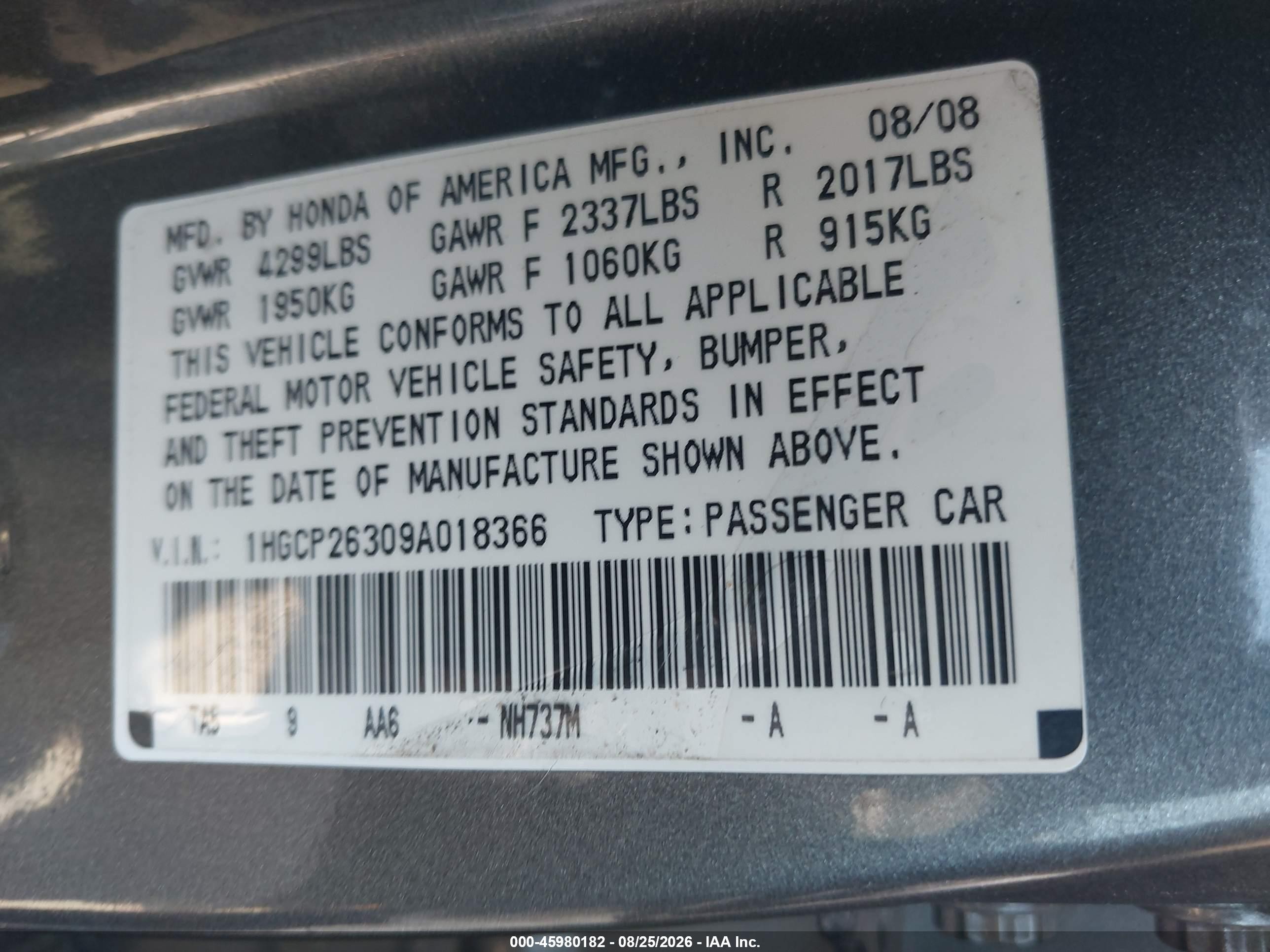2009 Honda Accord 2.4 Lx Серый vin: 1HGCP26309A018366