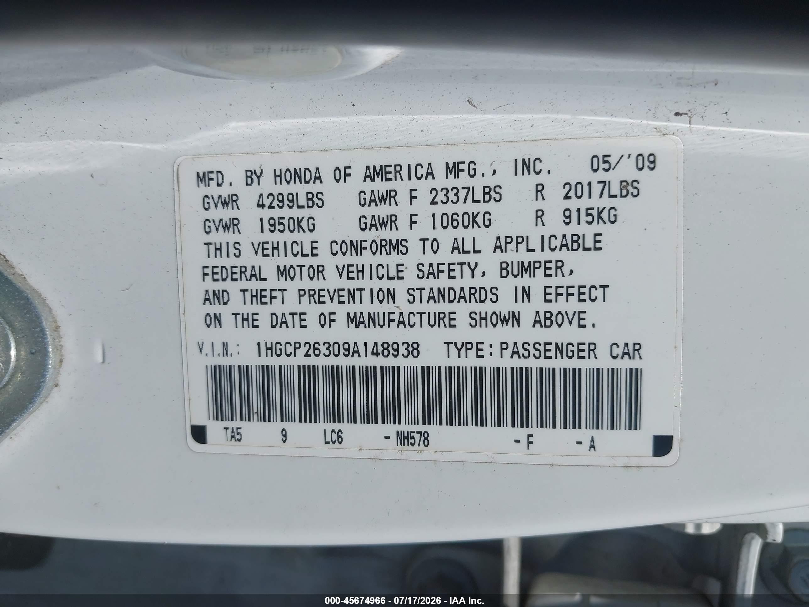2009 Honda Accord 2.4 Lx White vin: 1HGCP26309A148938