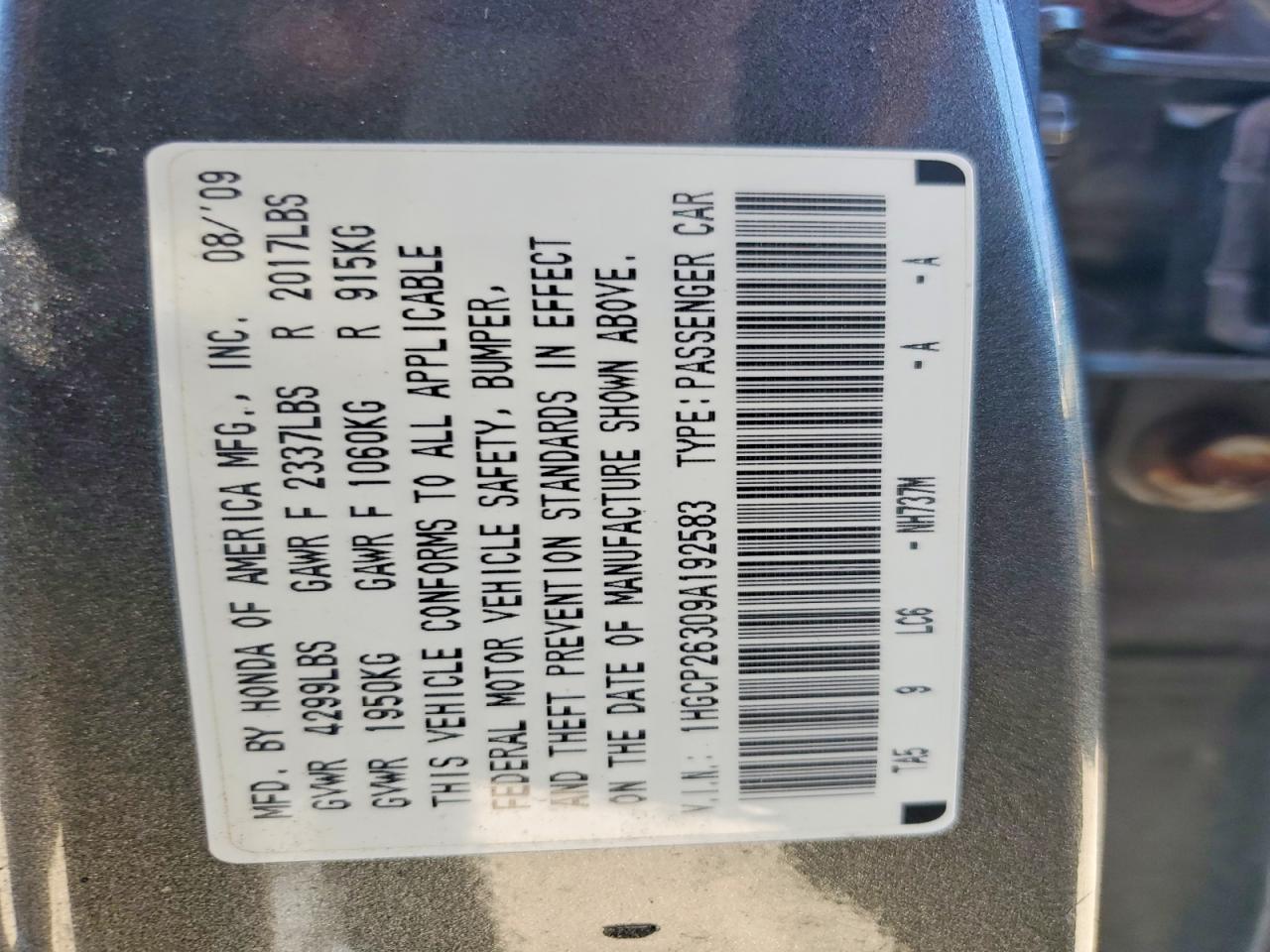 2009 Honda Accord Lx Gray vin: 1HGCP26309A192583