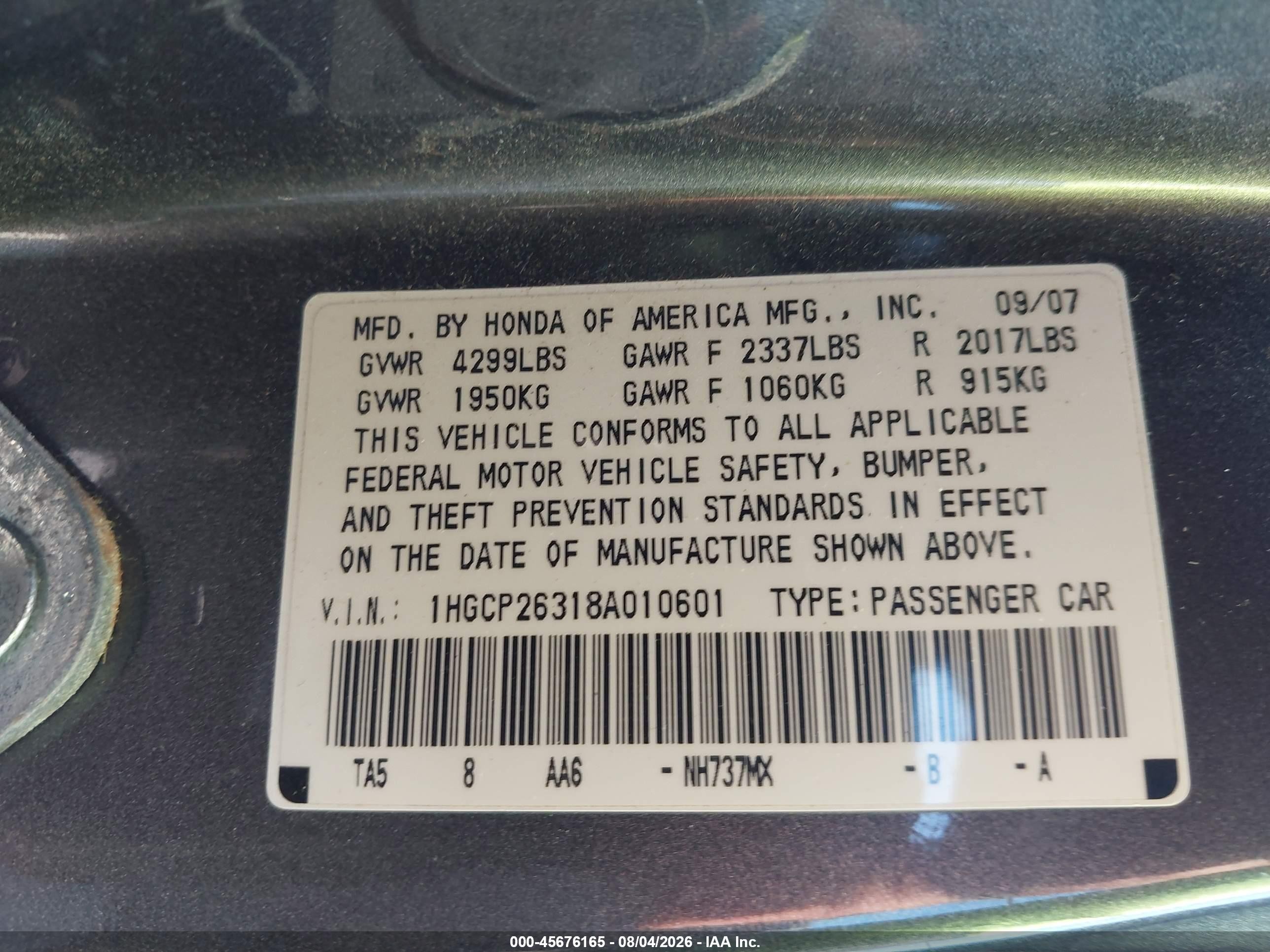 2008 Honda Accord 2.4 Lx Gray vin: 1HGCP26318A010601