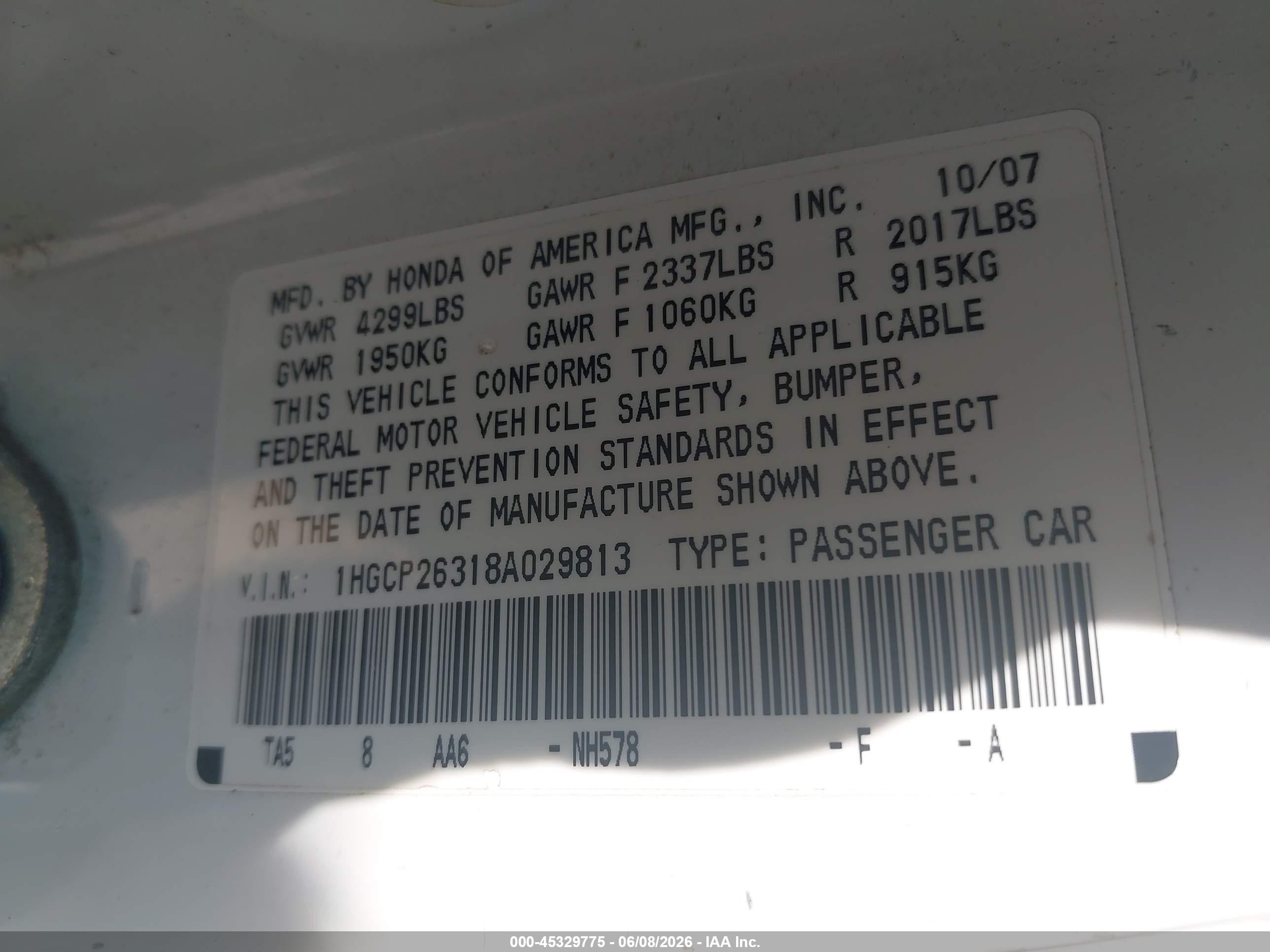 2008 Honda Accord 2.4 Lx Белый vin: 1HGCP26318A029813