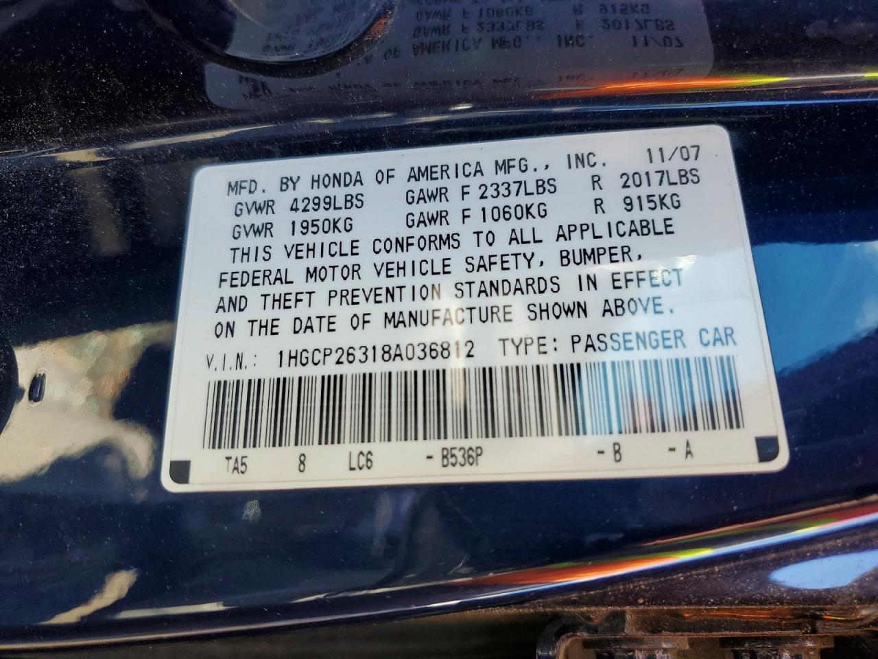 2008 Honda Accord Lx Blue vin: 1HGCP26318A036812