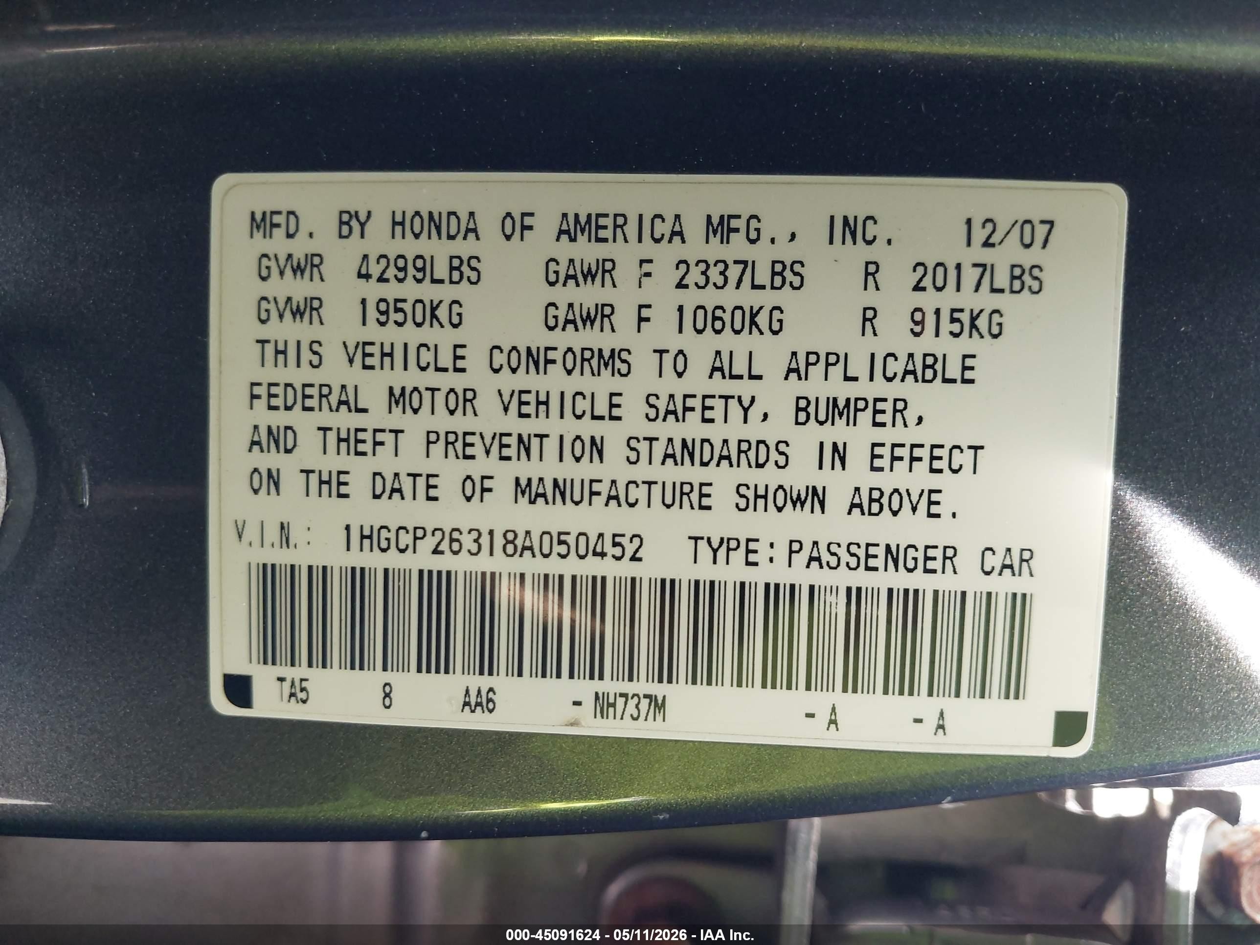 2008 Honda Accord 2.4 Lx Gray vin: 1HGCP26318A050452