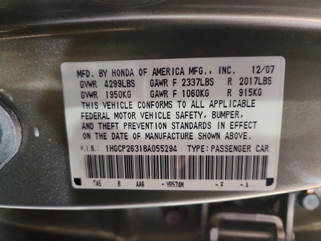 2008 Honda Accord Lx Tan vin: 1HGCP26318A055294