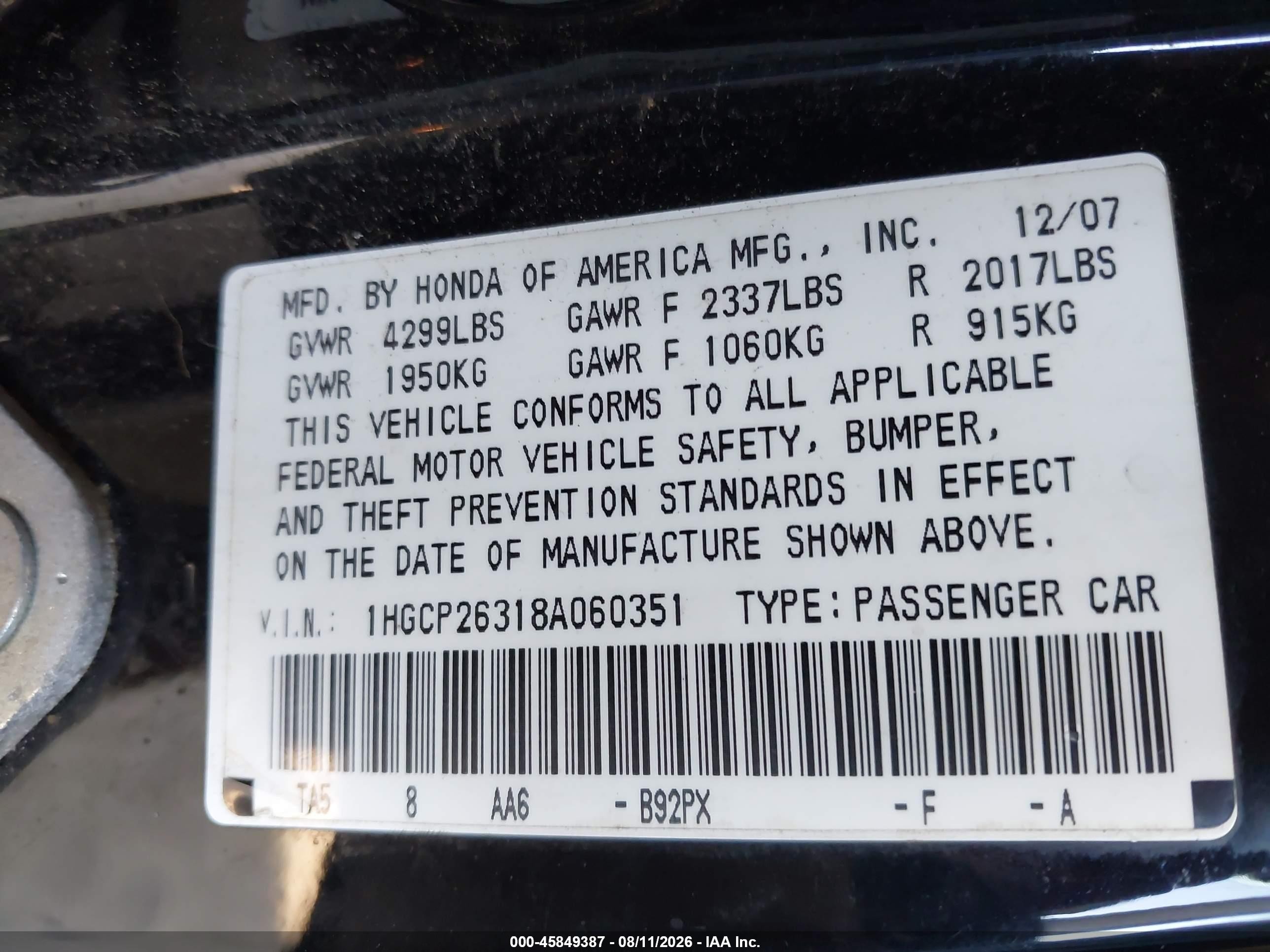 2008 Honda Accord 2.4 Lx Black vin: 1HGCP26318A060351