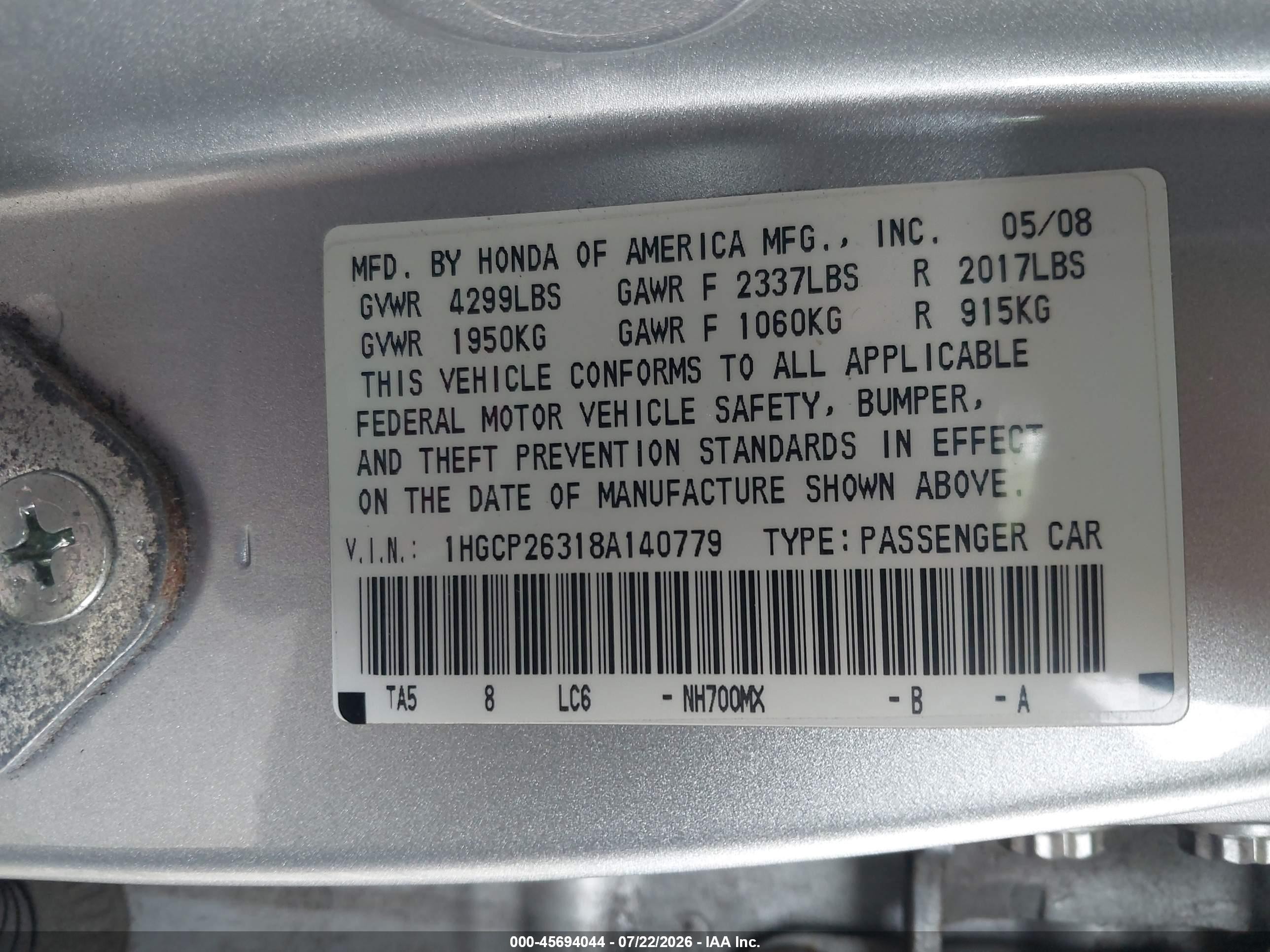 2008 Honda Accord 2.4 Lx Silver vin: 1HGCP26318A140779