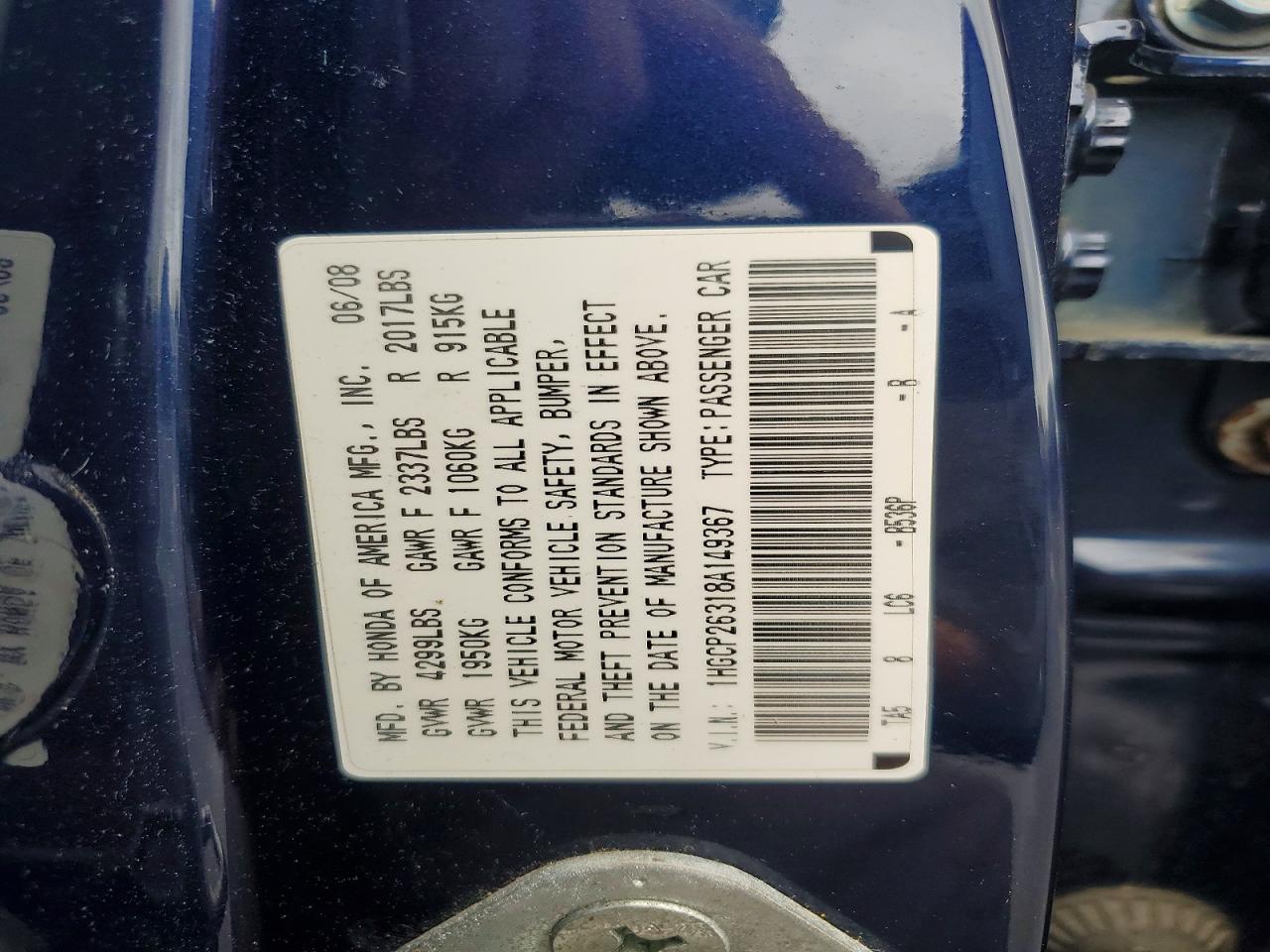 2008 Honda Accord Lx Blue vin: 1HGCP26318A149367