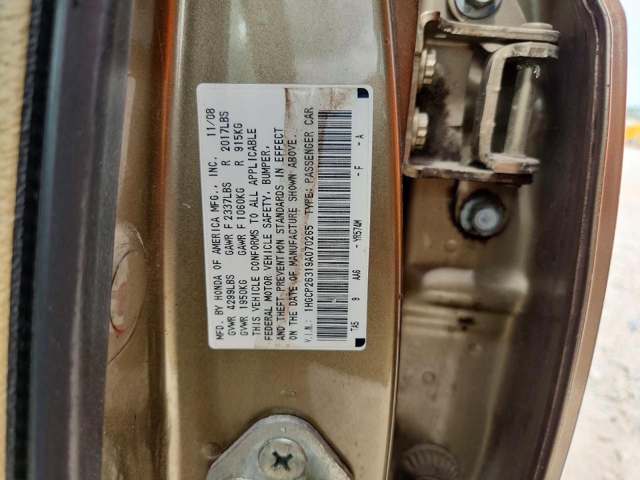 2009 Honda Accord Lx Beige vin: 1HGCP26319A070265