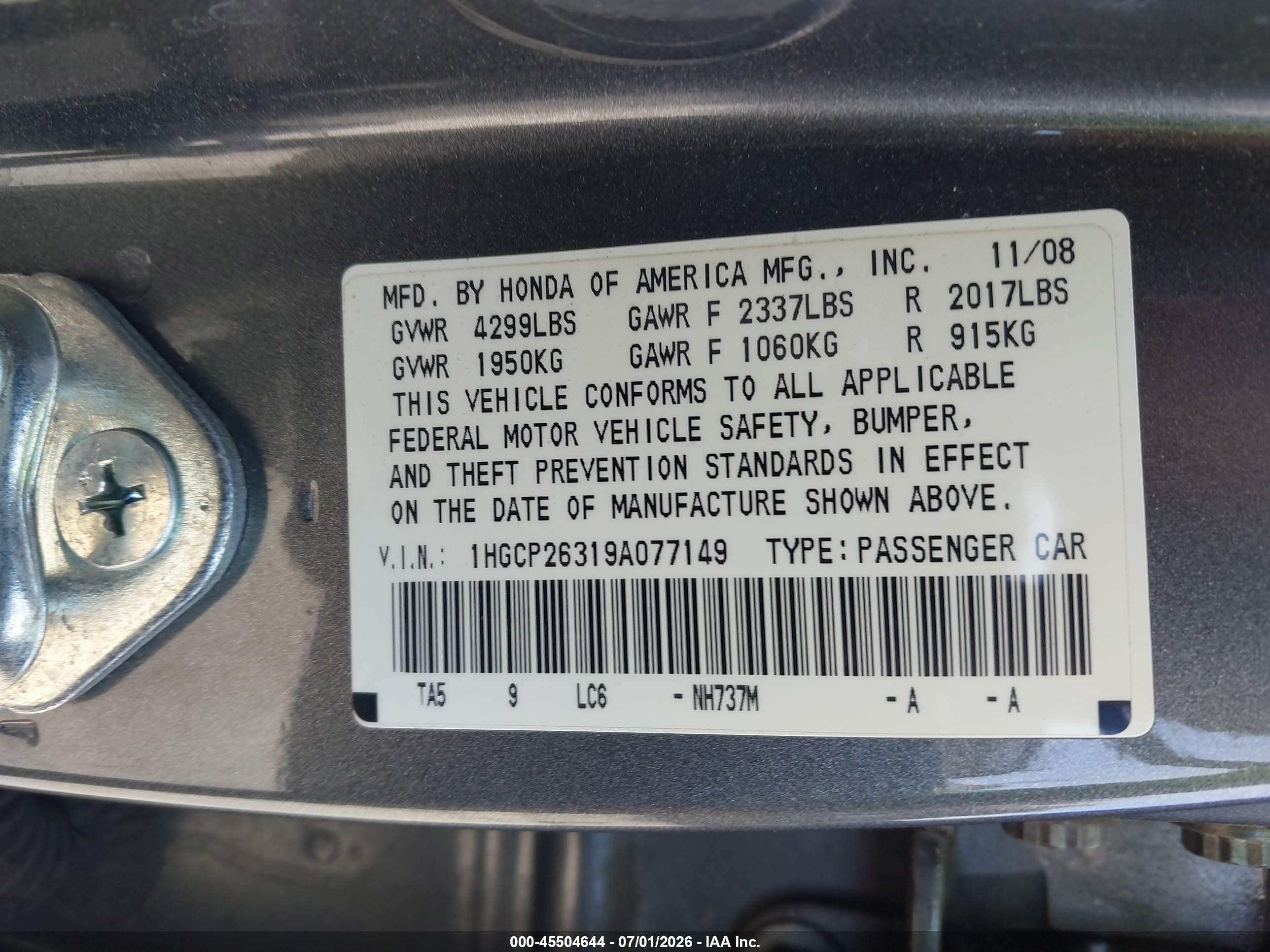 2009 Honda Accord 2.4 Lx Gray vin: 1HGCP26319A077149
