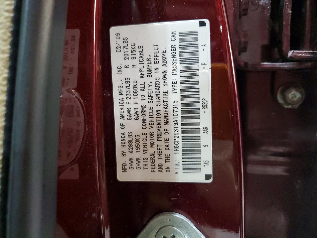 2009 Honda Accord Lx Burgundy vin: 1HGCP26319A107315