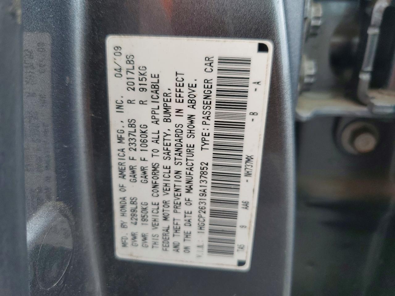 2009 Honda Accord Lx Gray vin: 1HGCP26319A137852