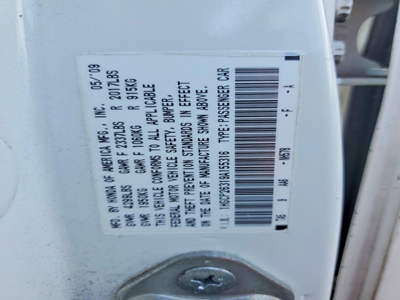 2009 Honda Accord White vin: 1HGCP26319A155316