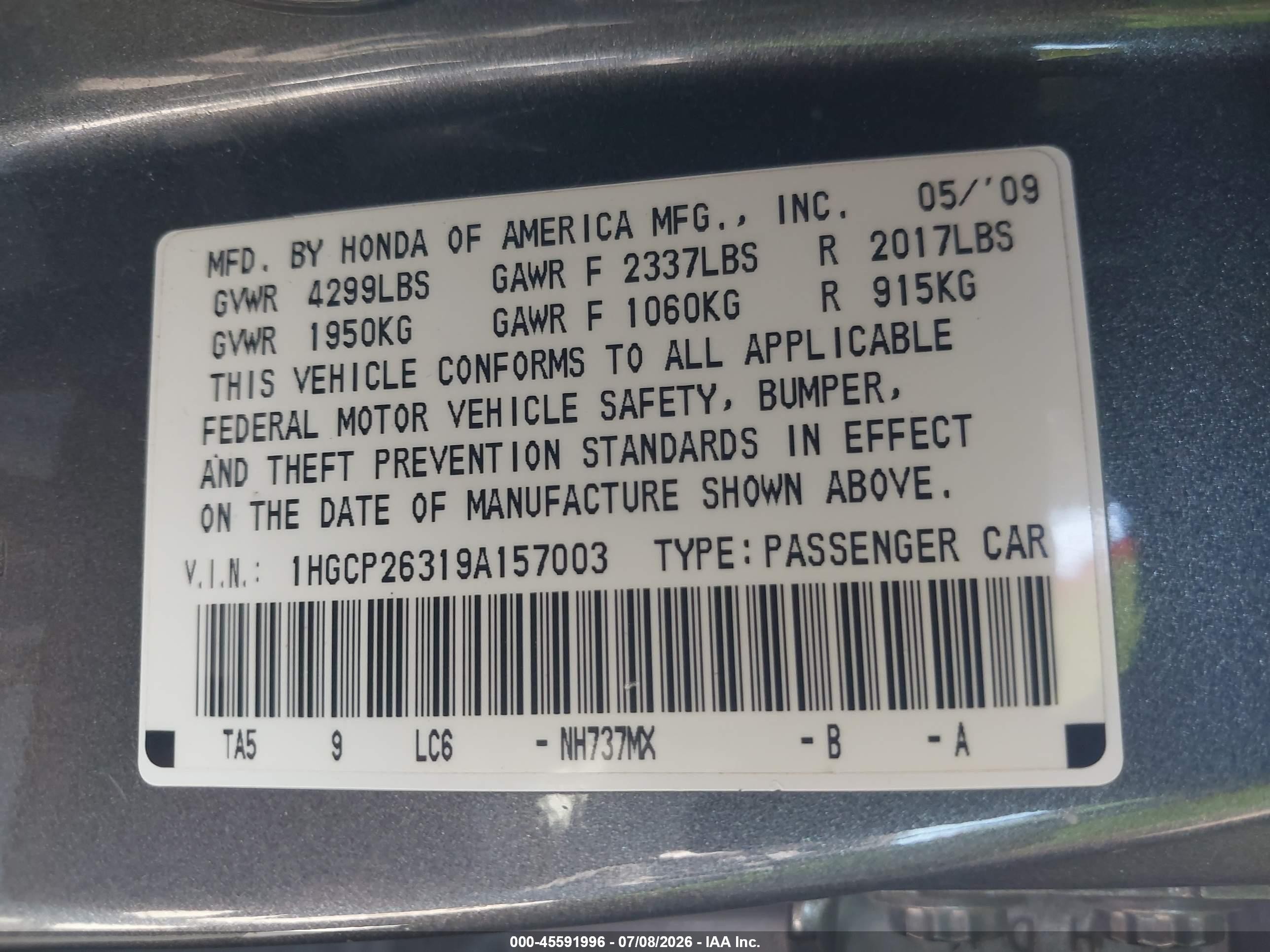 2009 Honda Accord 2.4 Lx Gray vin: 1HGCP26319A157003