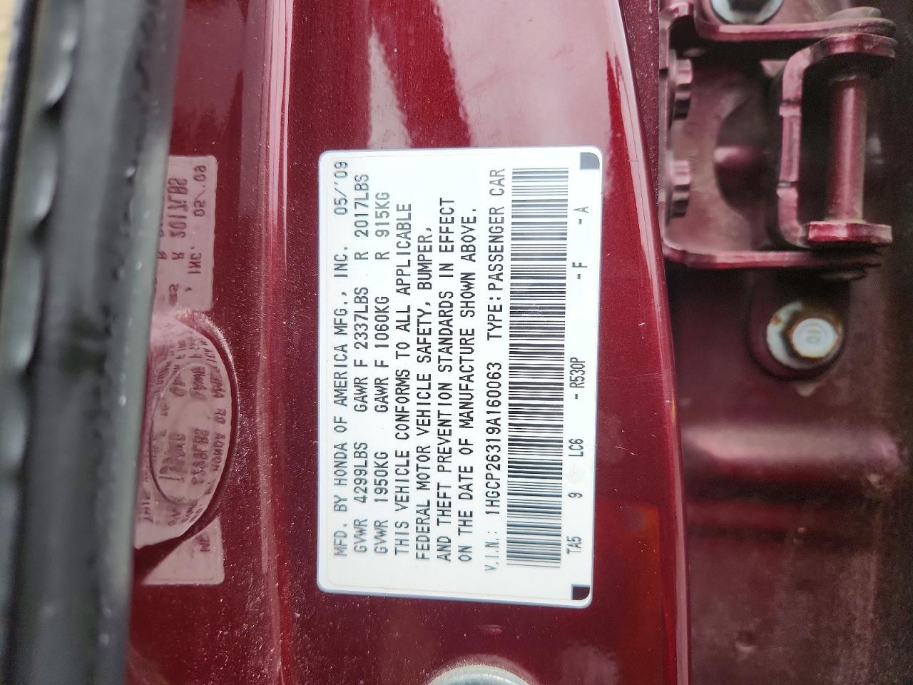 2009 Honda Accord Lx Burgundy vin: 1HGCP26319A160063