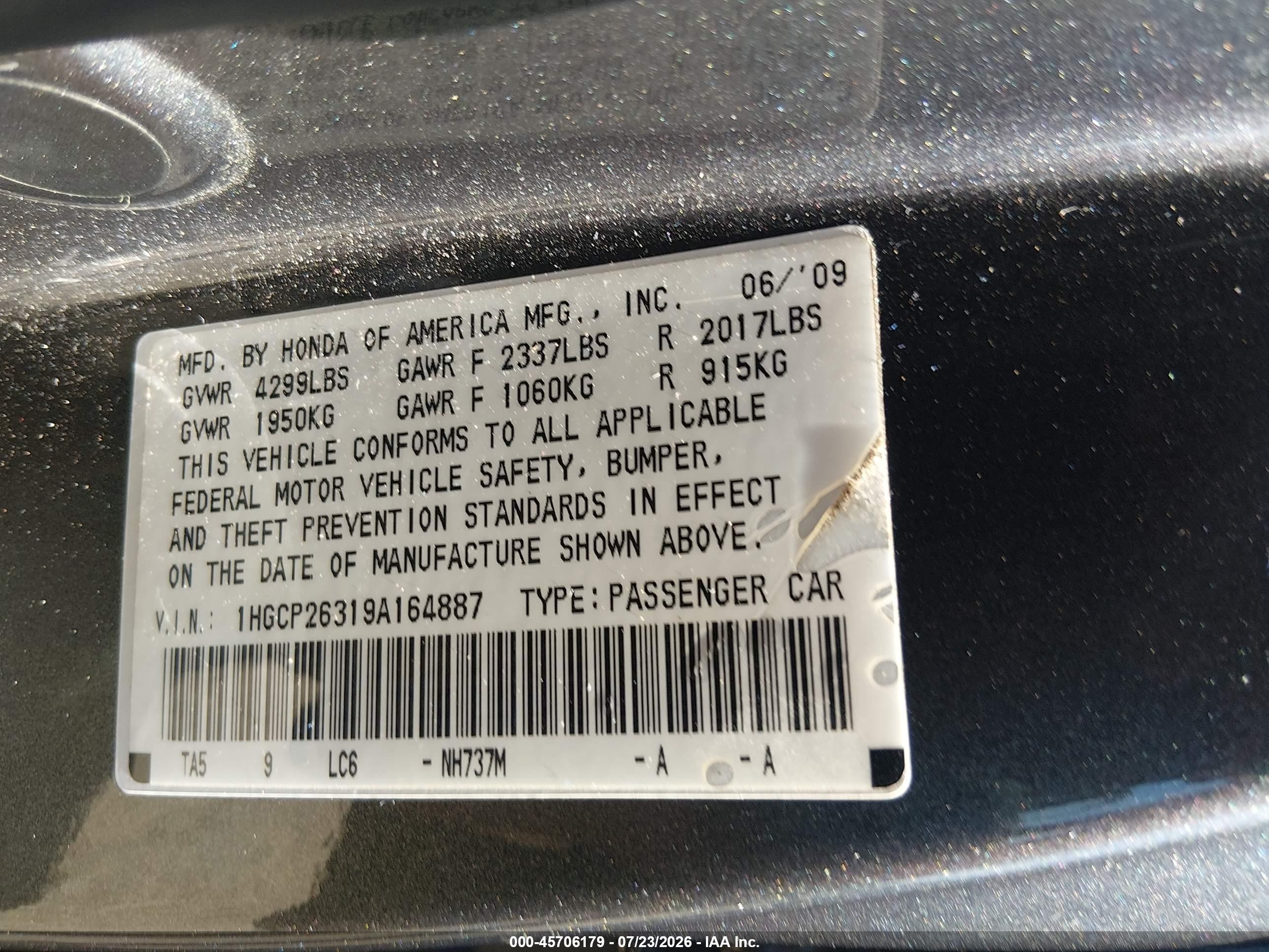 2009 Honda Accord 2.4 Lx Серый vin: 1HGCP26319A164887