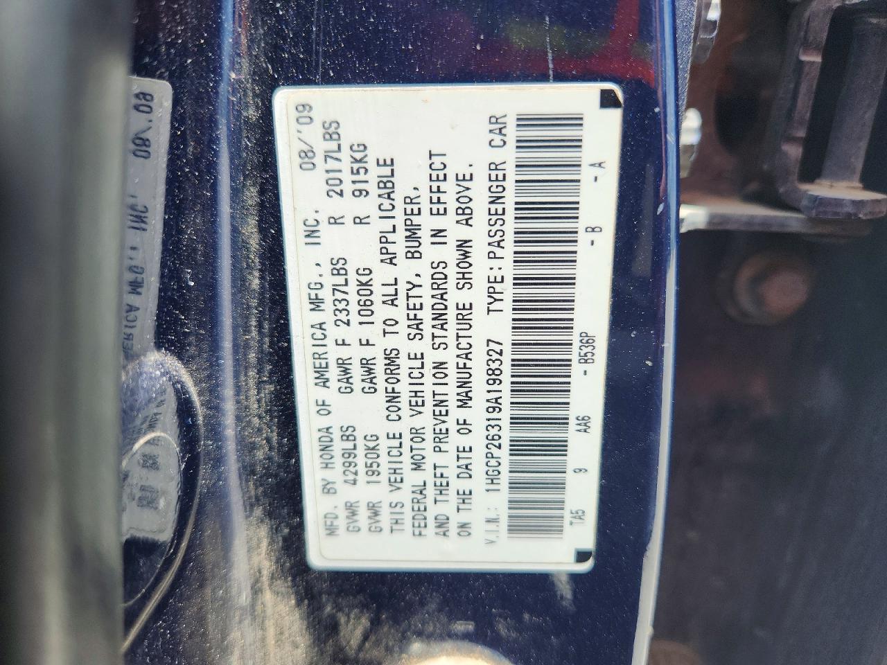 2009 Honda Accord Lx Blue vin: 1HGCP26319A198327