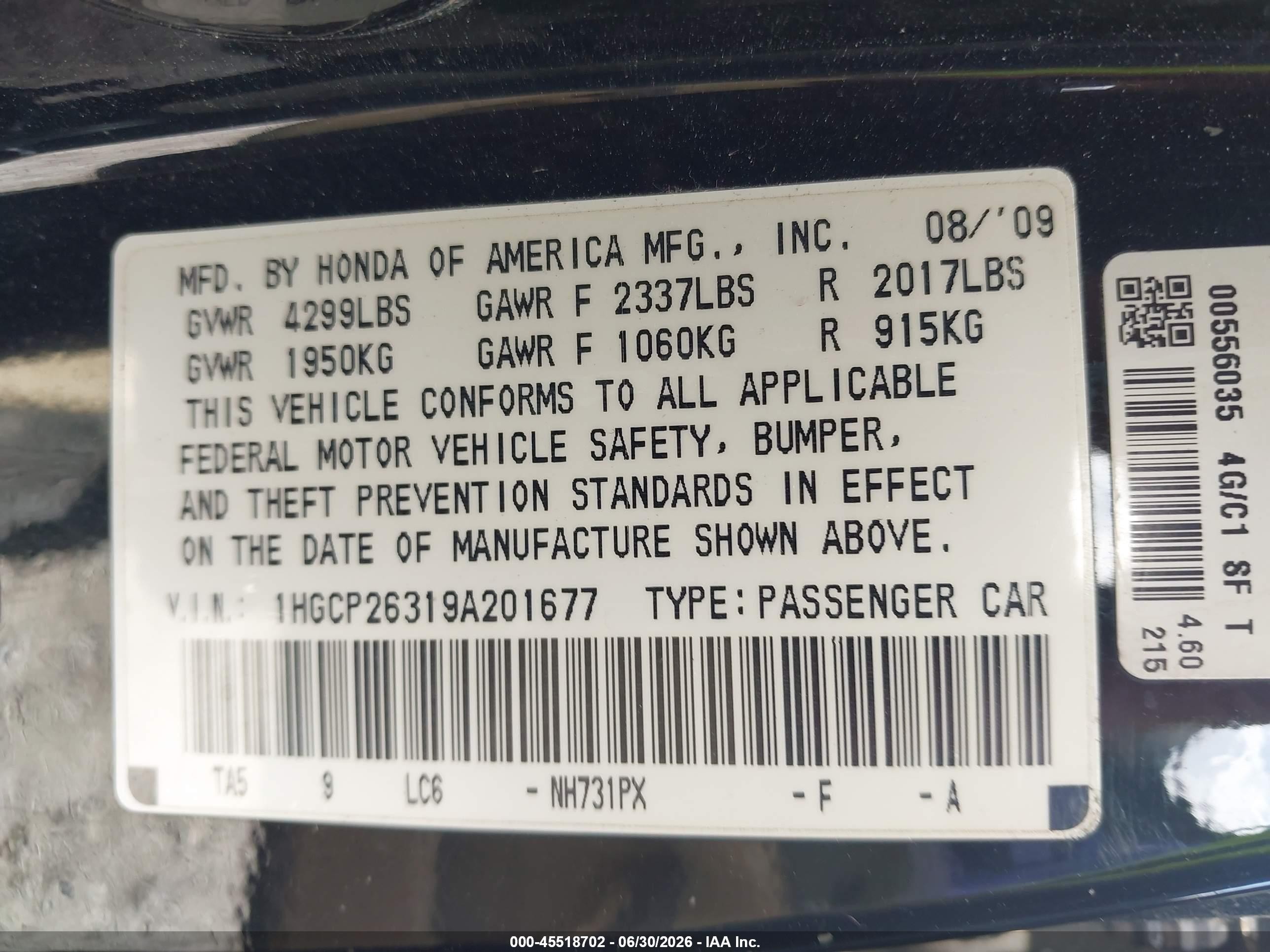 2009 Honda Accord 2.4 Lx Black vin: 1HGCP26319A201677