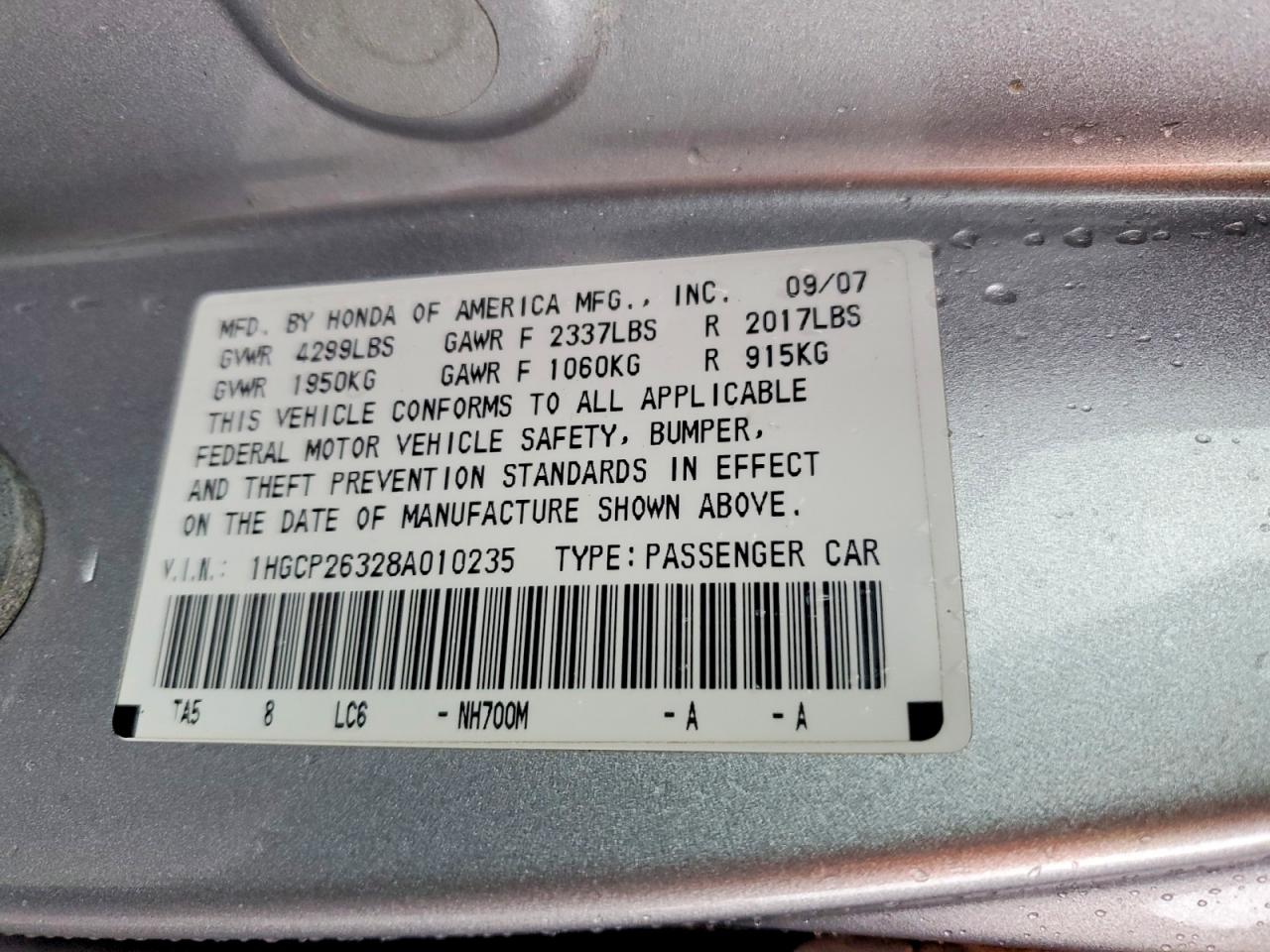 2008 Honda Accord Lx Silver vin: 1HGCP26328A010235