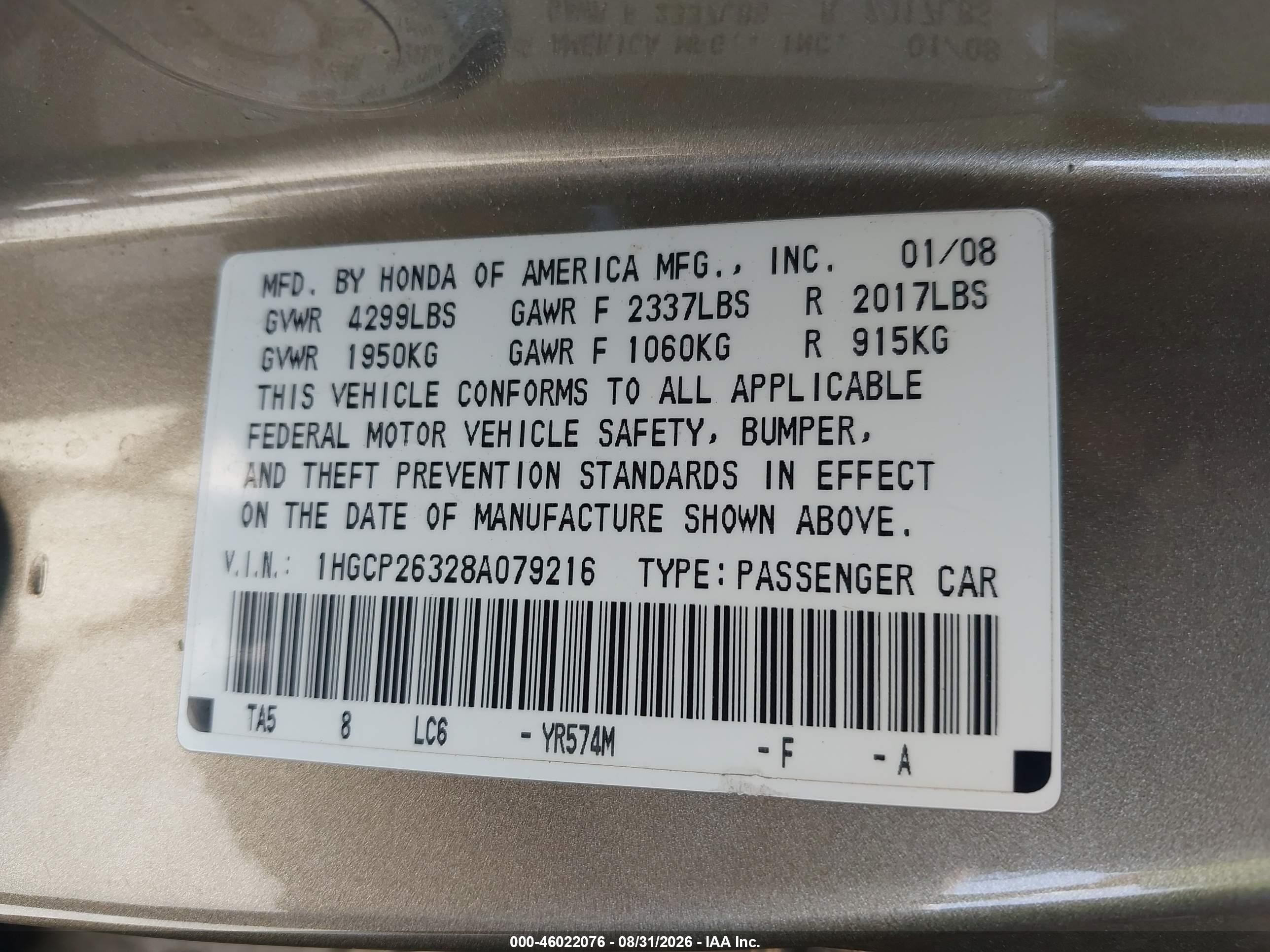 2008 Honda Accord 2.4 Lx Gold vin: 1HGCP26328A079216