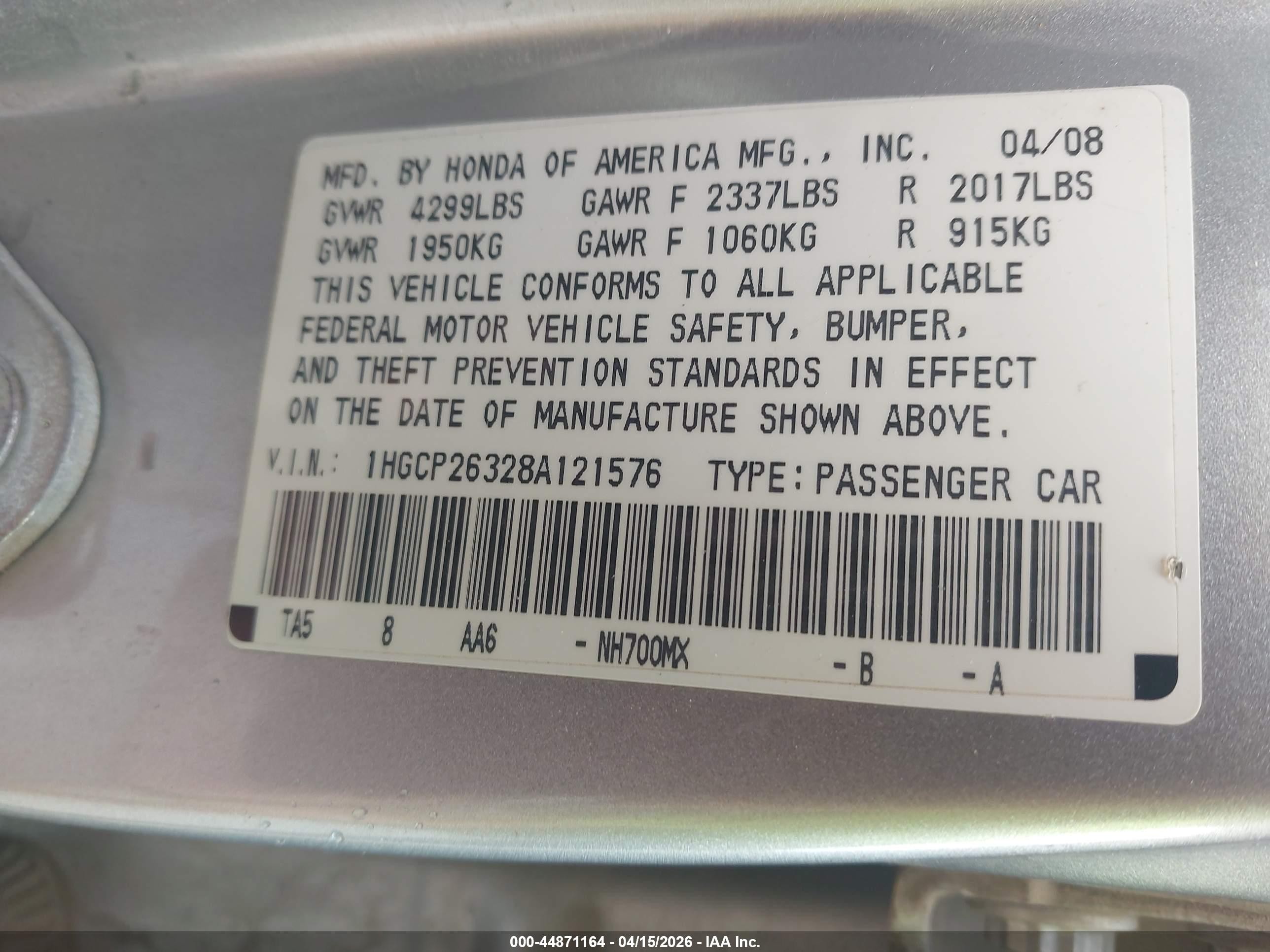 2008 Honda Accord 2.4 Lx Silver vin: 1HGCP26328A121576