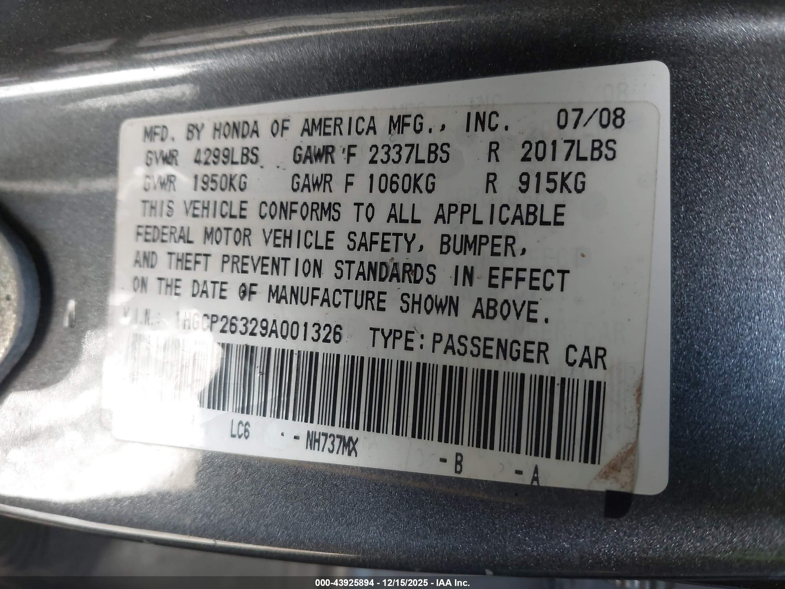 2009 Honda Accord 2.4 Lx Gray vin: 1HGCP26329A001326
