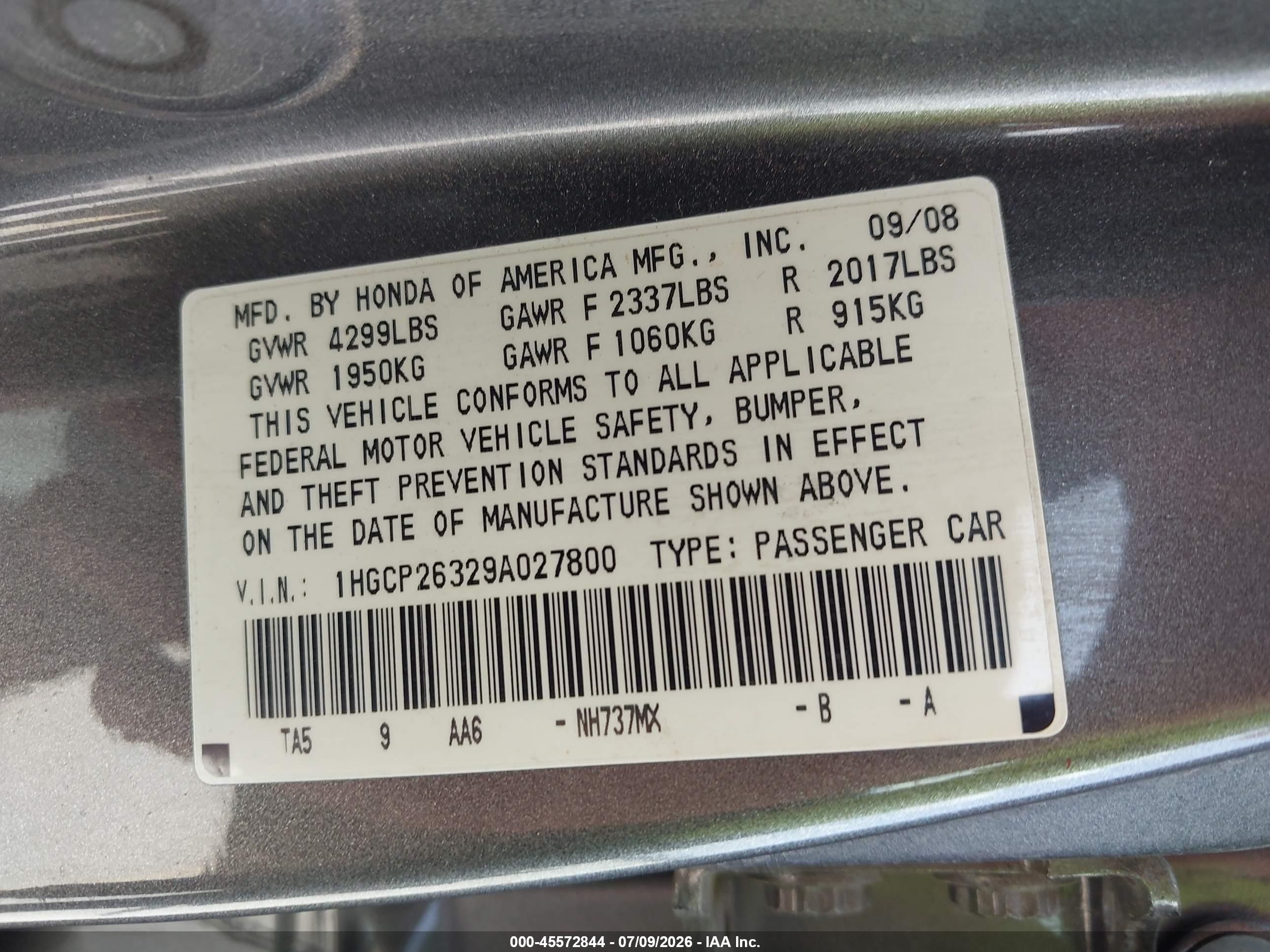 2009 Honda Accord 2.4 Lx Gray vin: 1HGCP26329A027800