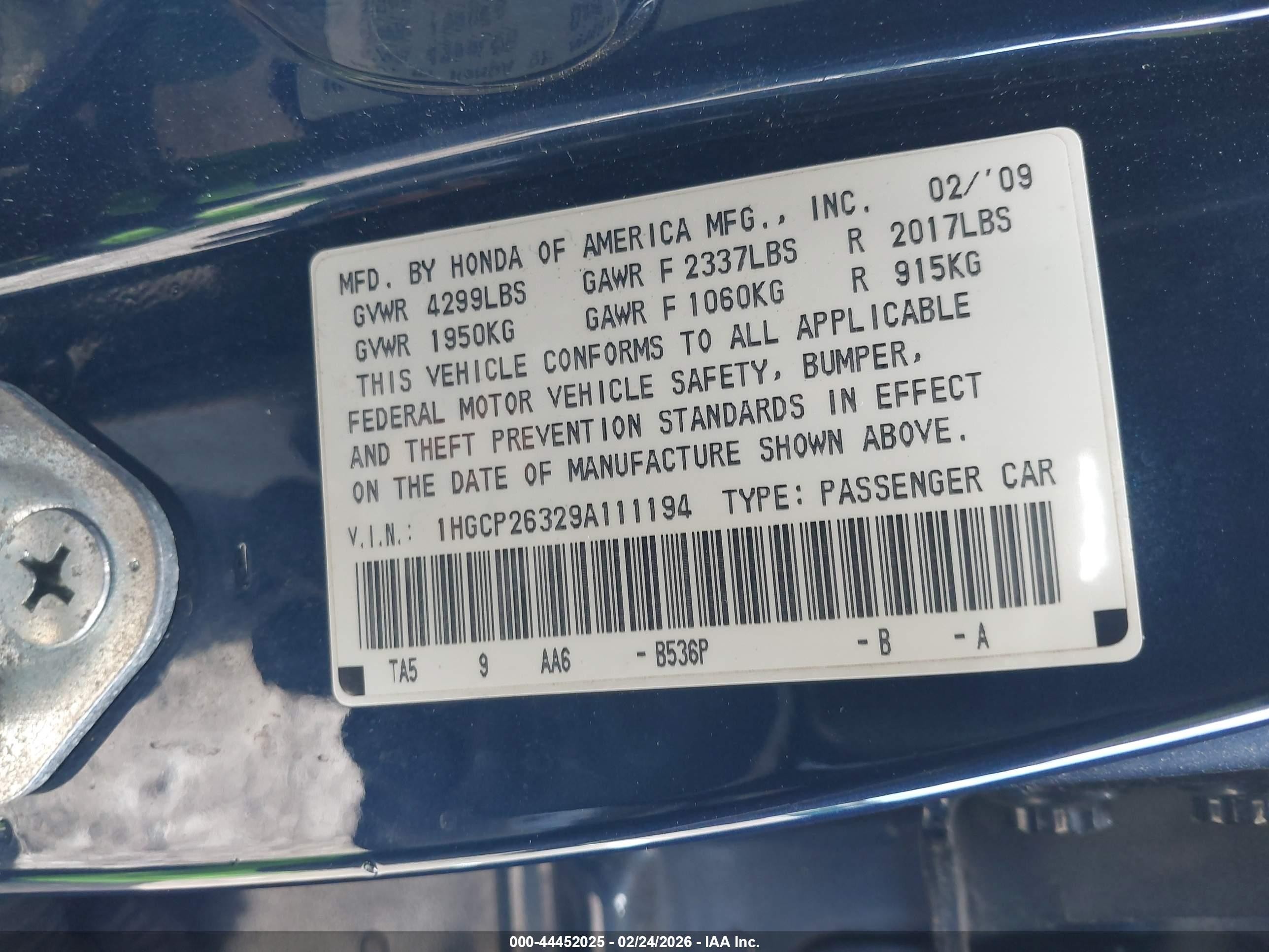 2009 Honda Accord 2.4 Lx Dark Blue vin: 1HGCP26329A111194