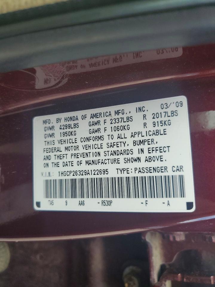 2009 Honda Accord Lx Maroon vin: 1HGCP26329A122695