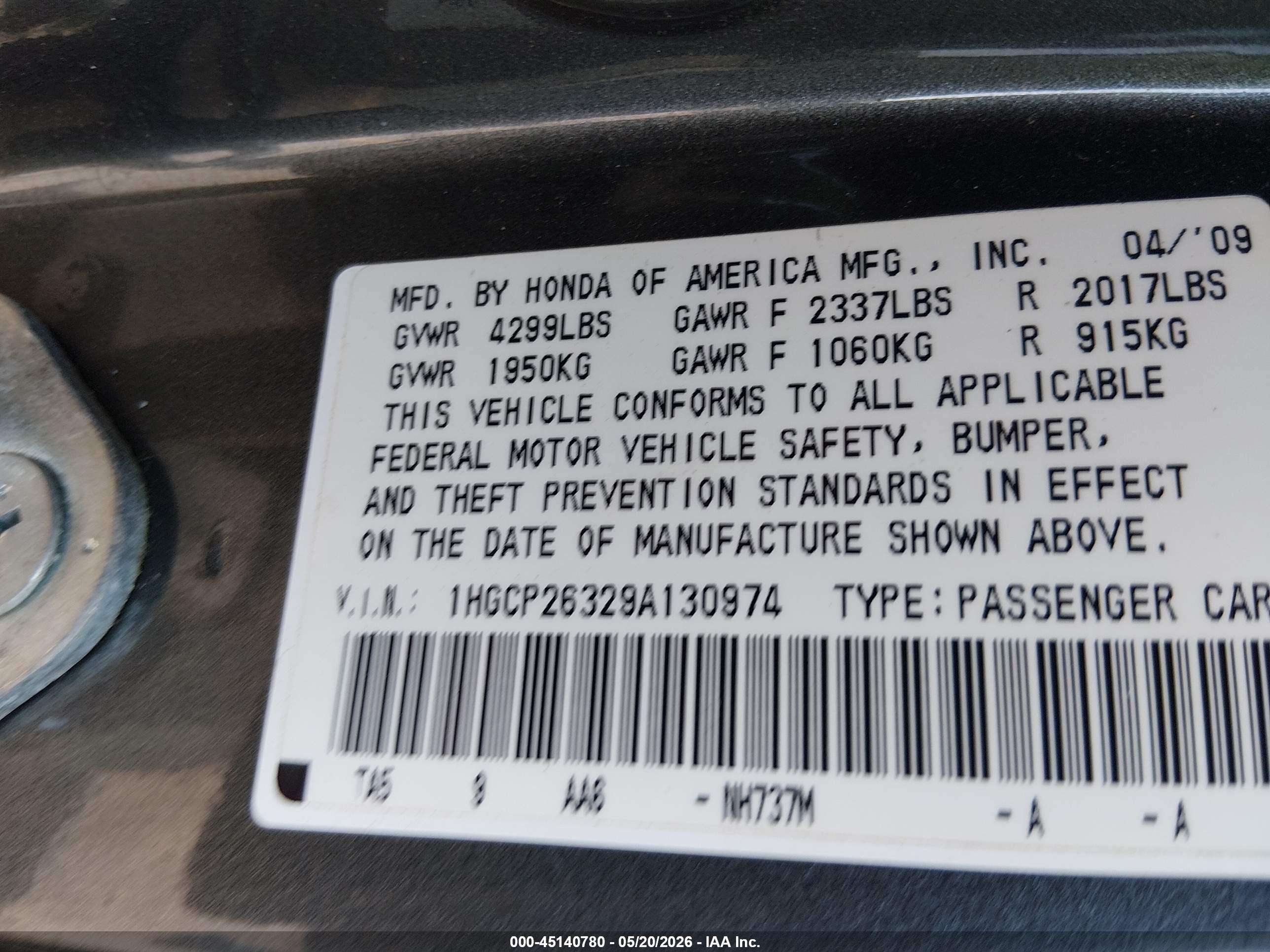 2009 Honda Accord 2.4 Lx Серый vin: 1HGCP26329A130974