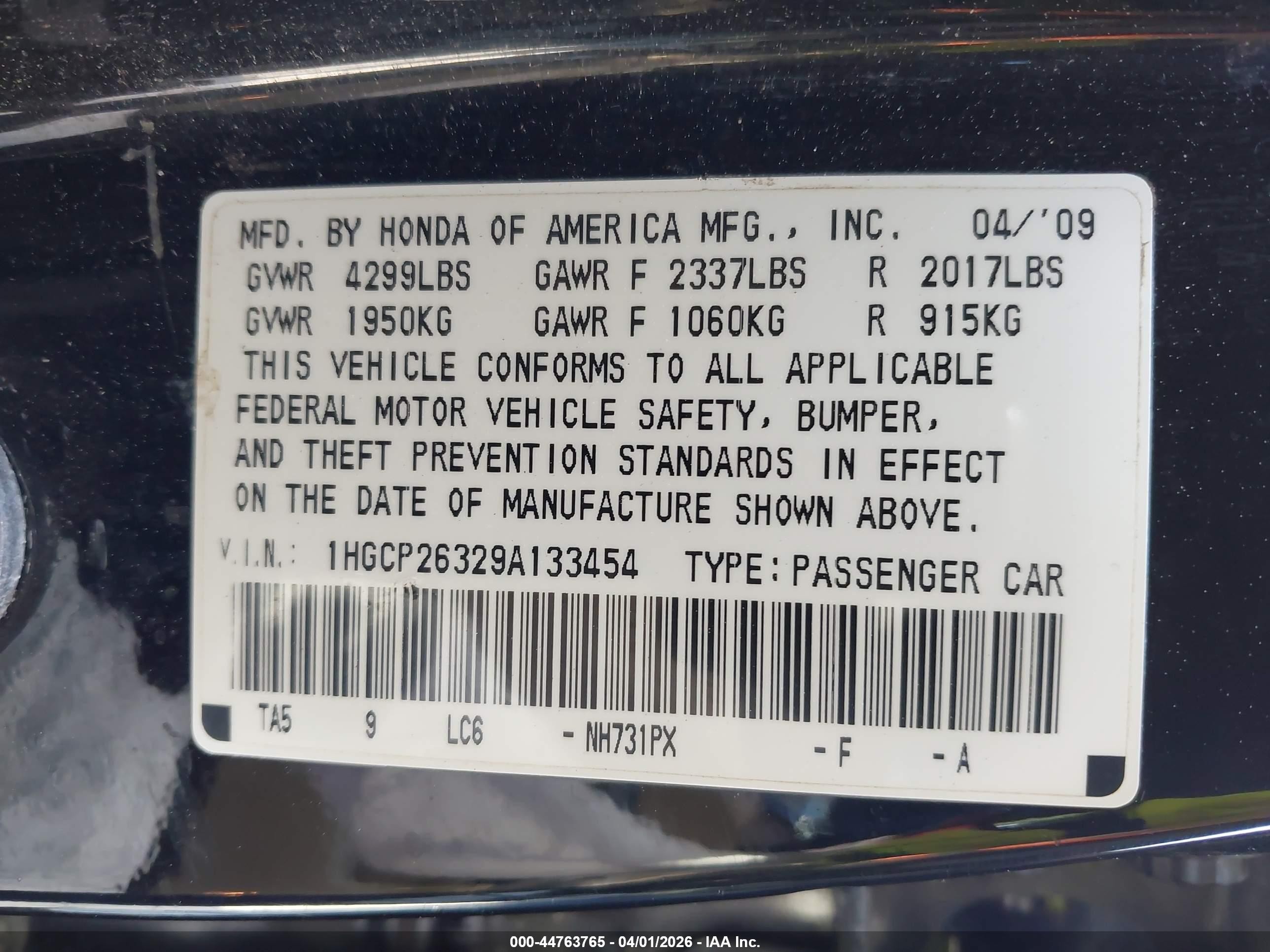 2009 Honda Accord 2.4 Lx Black vin: 1HGCP26329A133454
