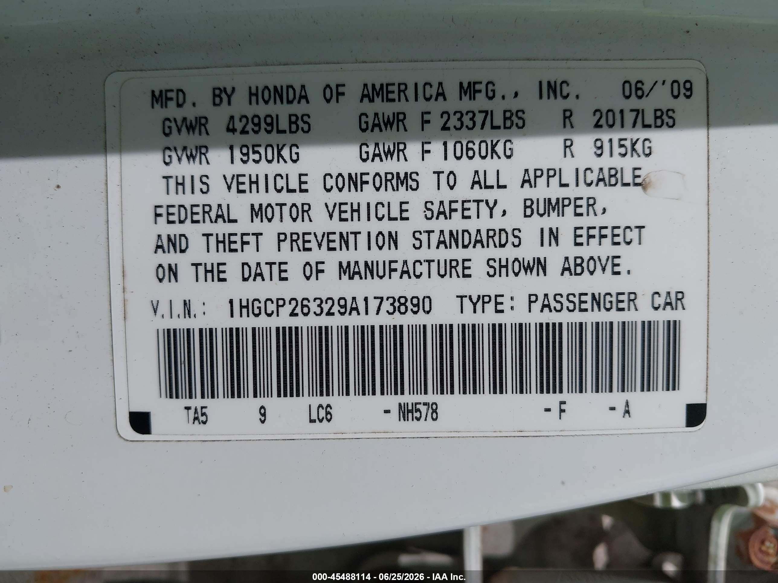 2009 Honda Accord 2.4 Lx Белый vin: 1HGCP26329A173890