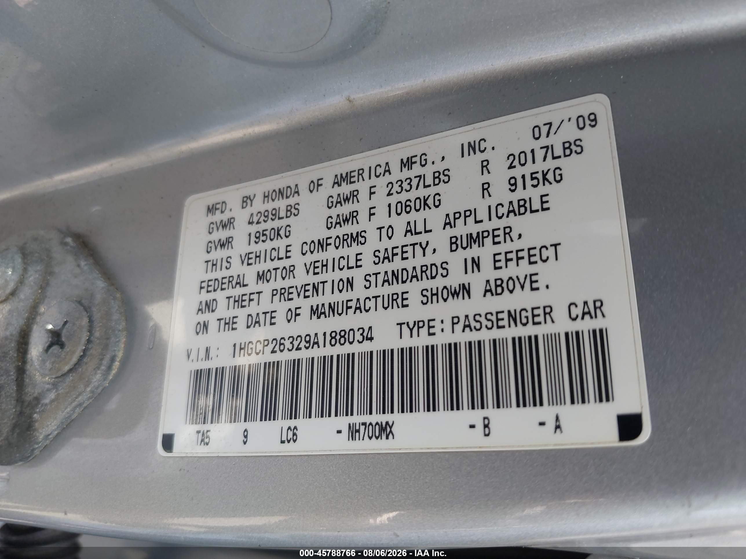 2009 Honda Accord 2.4 Lx Серебряный vin: 1HGCP26329A188034