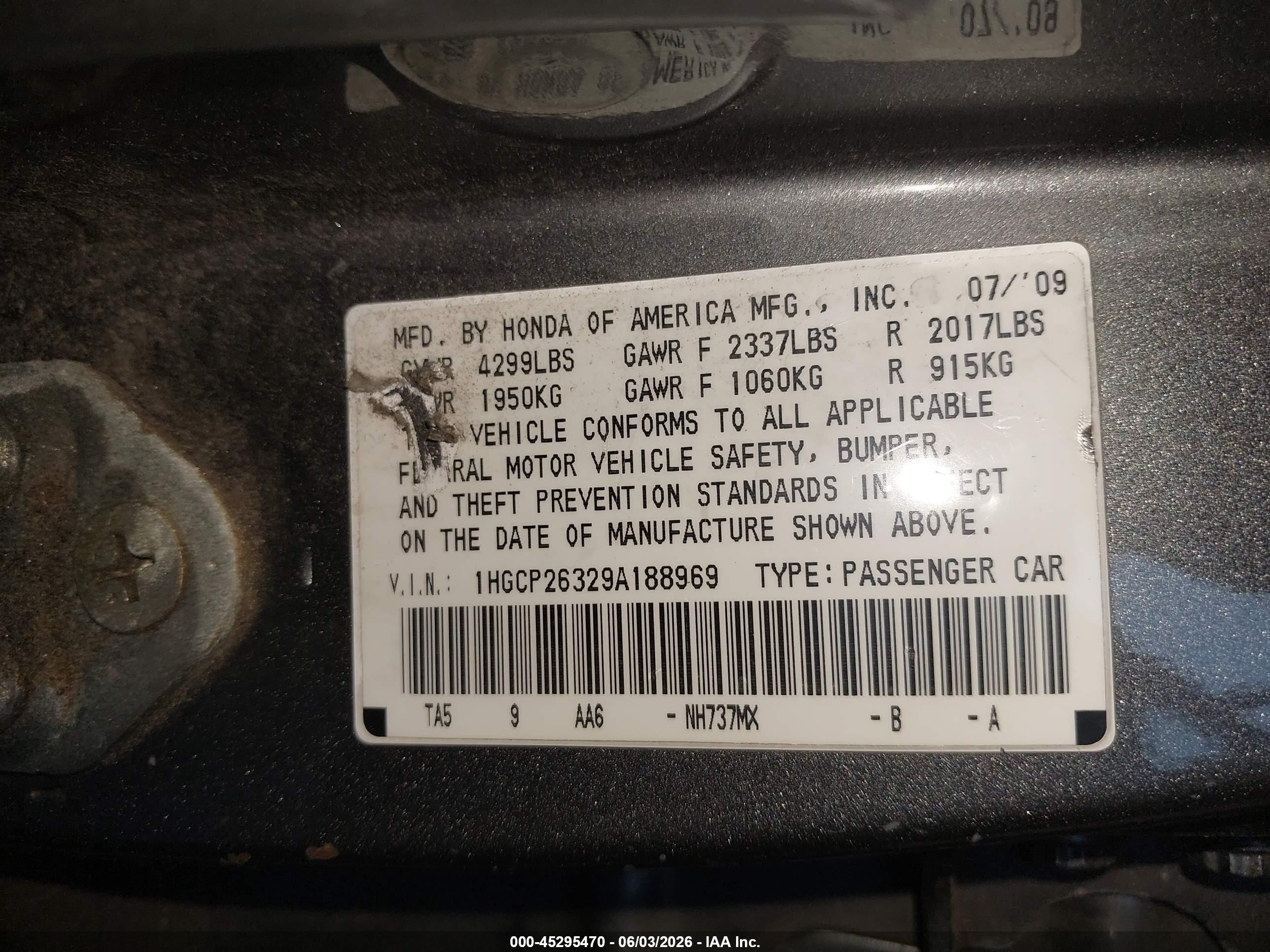 2009 Honda Accord 2.4 Lx Серый vin: 1HGCP26329A188969