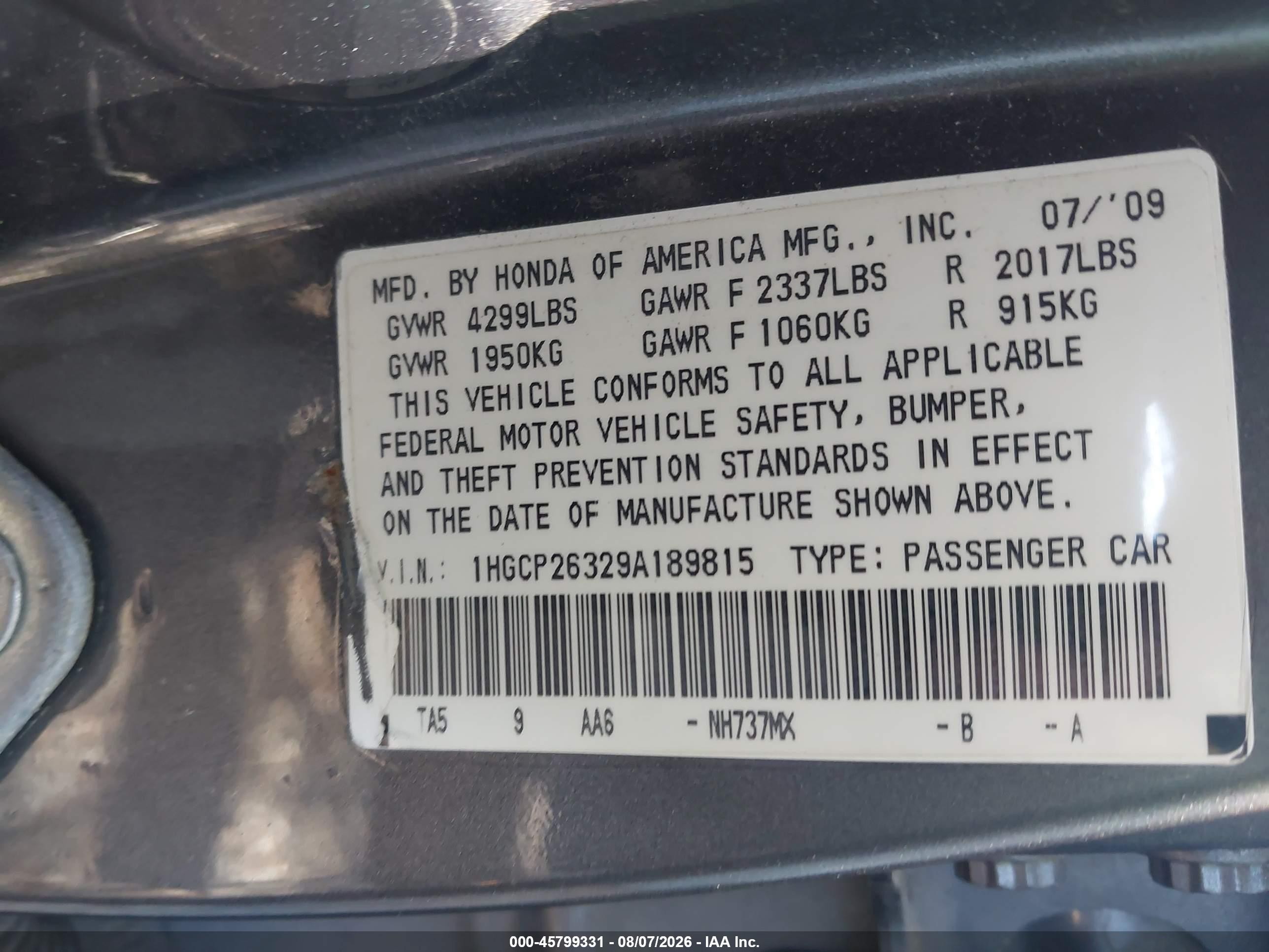 2009 Honda Accord 2.4 Lx Gray vin: 1HGCP26329A189815