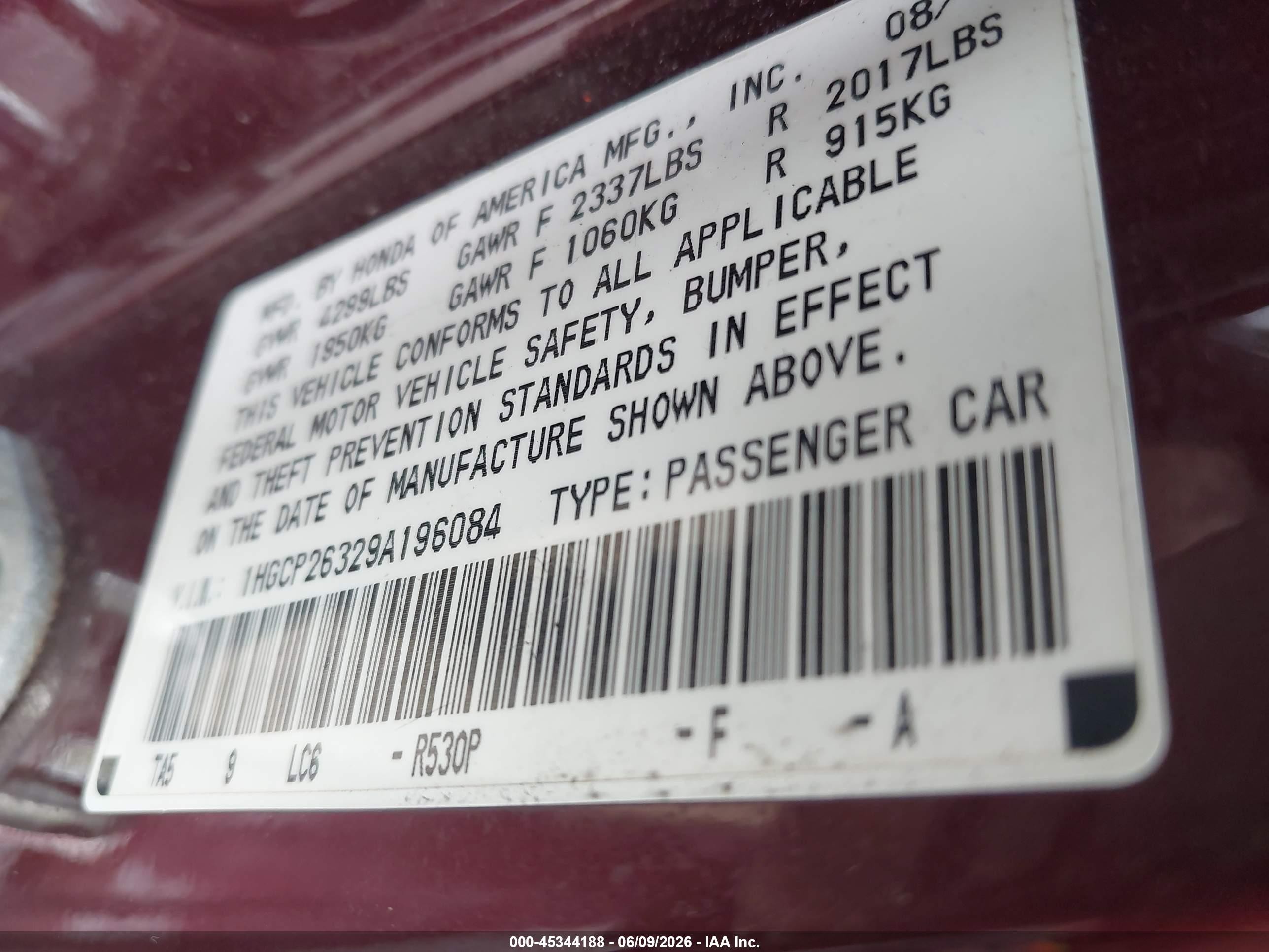 2009 Honda Accord 2.4 Lx Burgundy vin: 1HGCP26329A196084