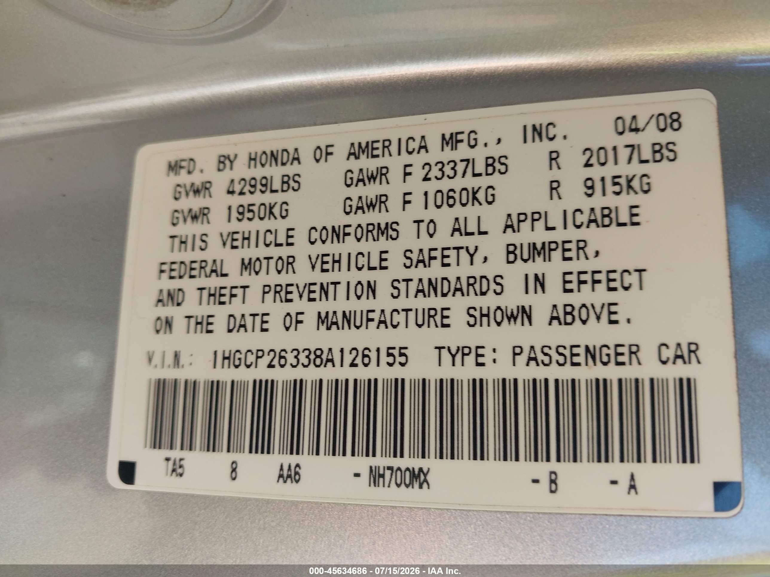 2008 Honda Accord 2.4 Lx Silver vin: 1HGCP26338A126155