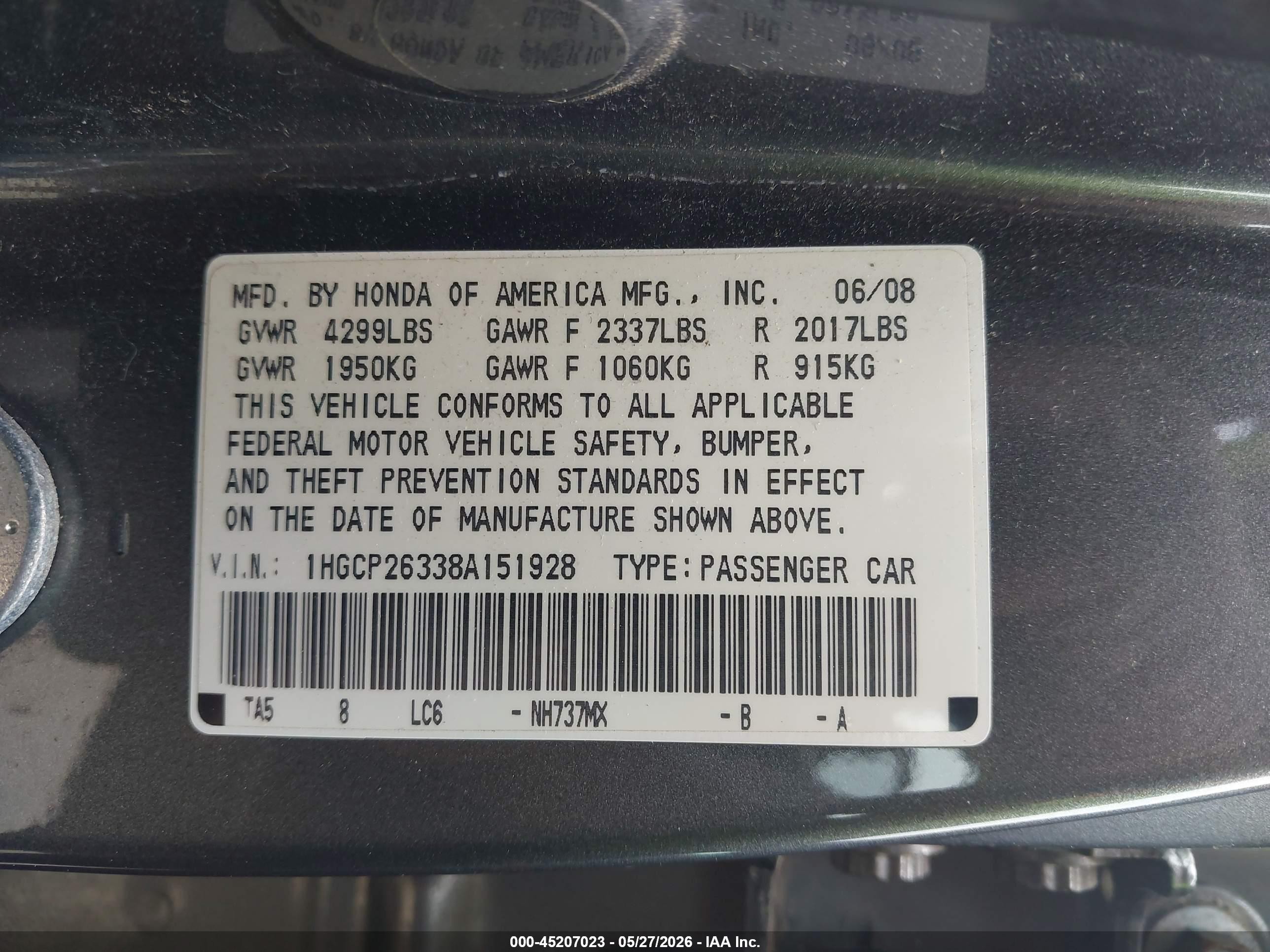 2008 Honda Accord 2.4 Lx Gray vin: 1HGCP26338A151928