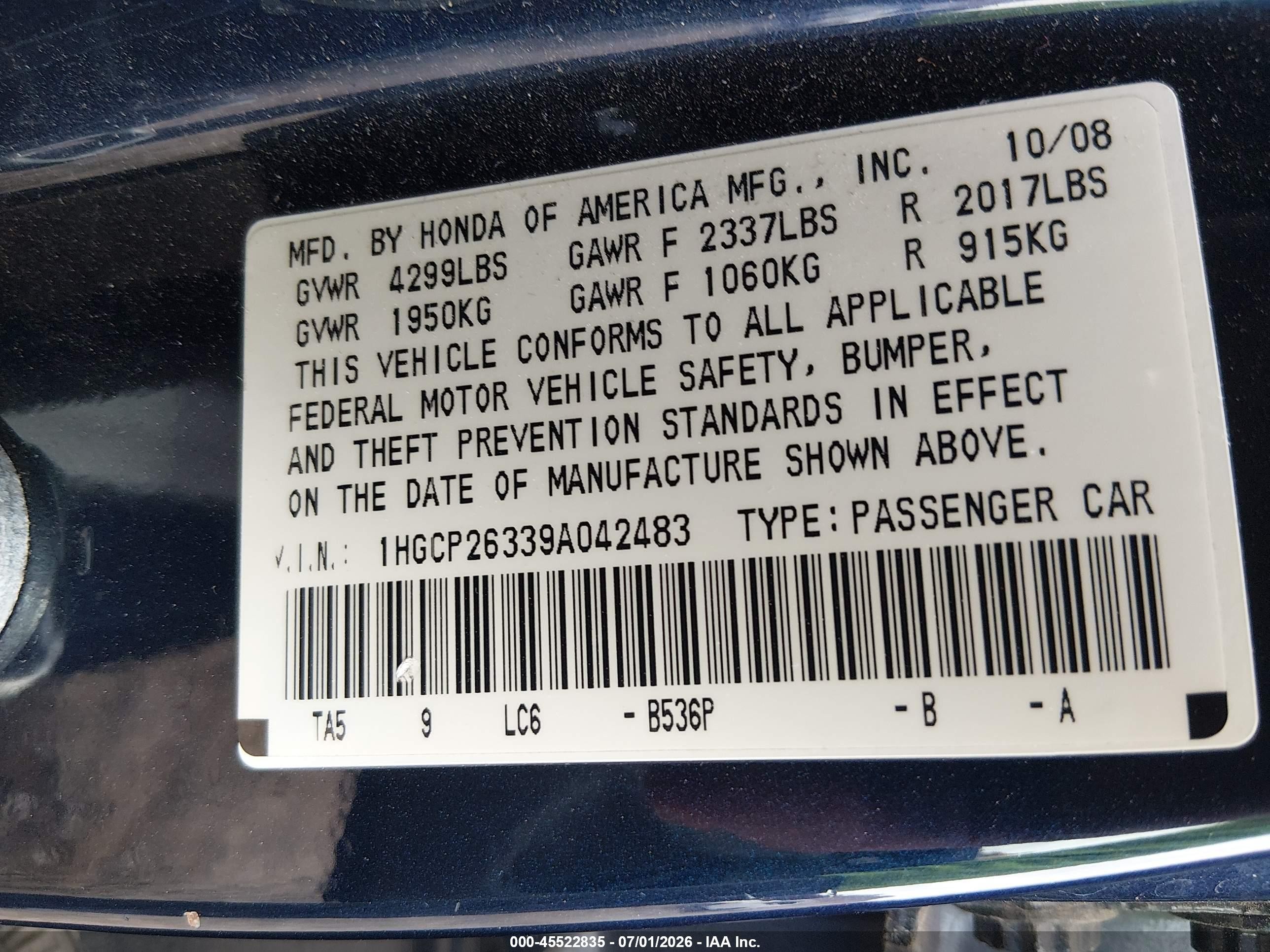 2009 Honda Accord 2.4 Lx Blue vin: 1HGCP26339A042483