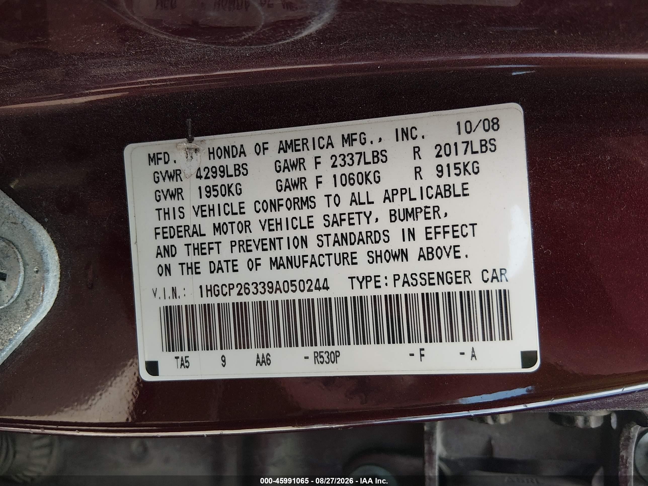 2009 Honda Accord 2.4 Lx Maroon vin: 1HGCP26339A050244