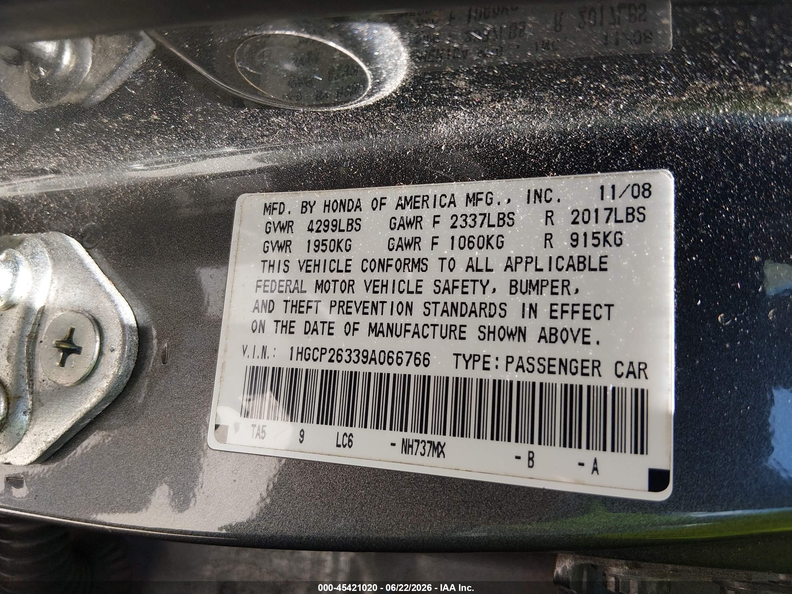 2009 Honda Accord 2.4 Lx Серый vin: 1HGCP26339A066766