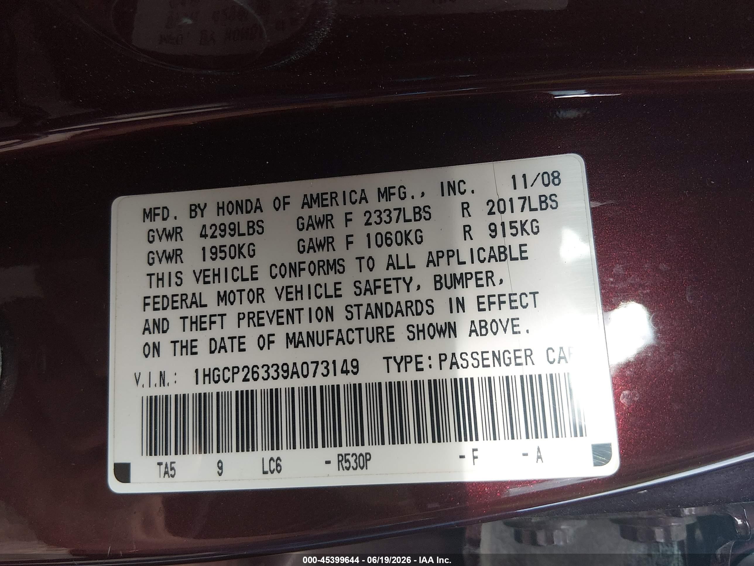 2009 Honda Accord 2.4 Lx Maroon vin: 1HGCP26339A073149