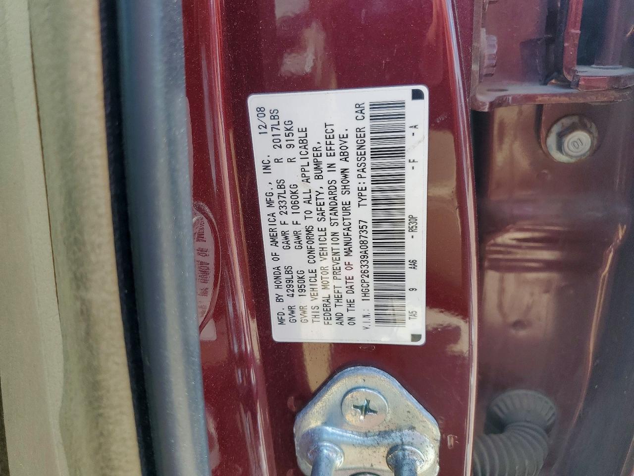 2009 Honda Accord Lx Burgundy vin: 1HGCP26339A087357
