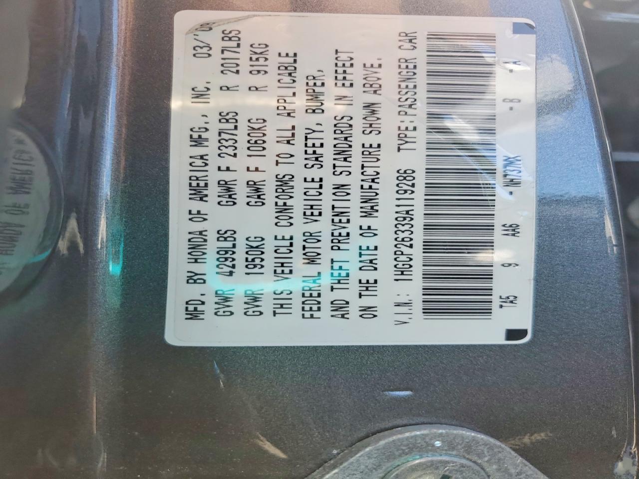 2009 Honda Accord Lx Charcoal vin: 1HGCP26339A119286