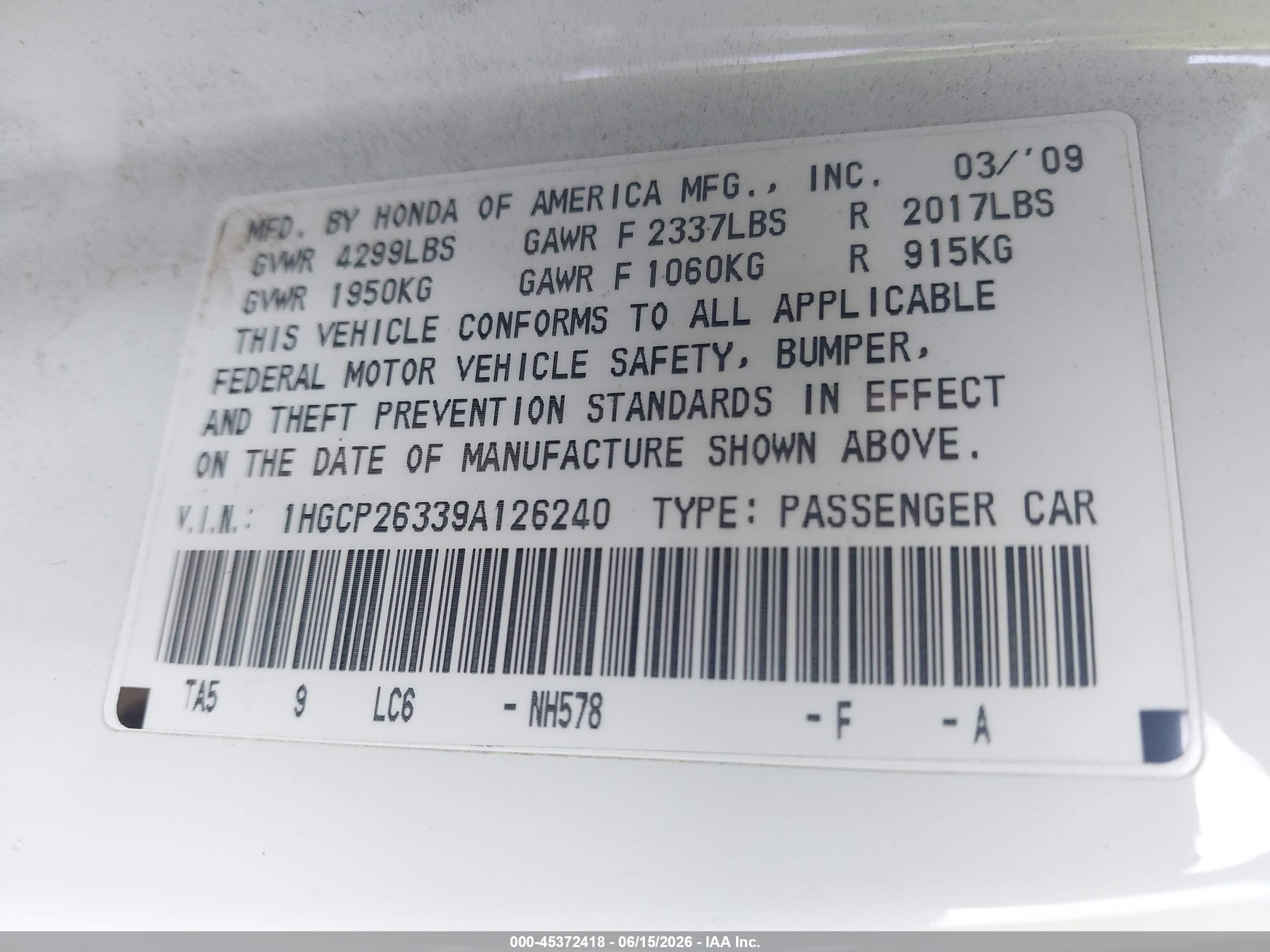 2009 Honda Accord 2.4 Lx White vin: 1HGCP26339A126240