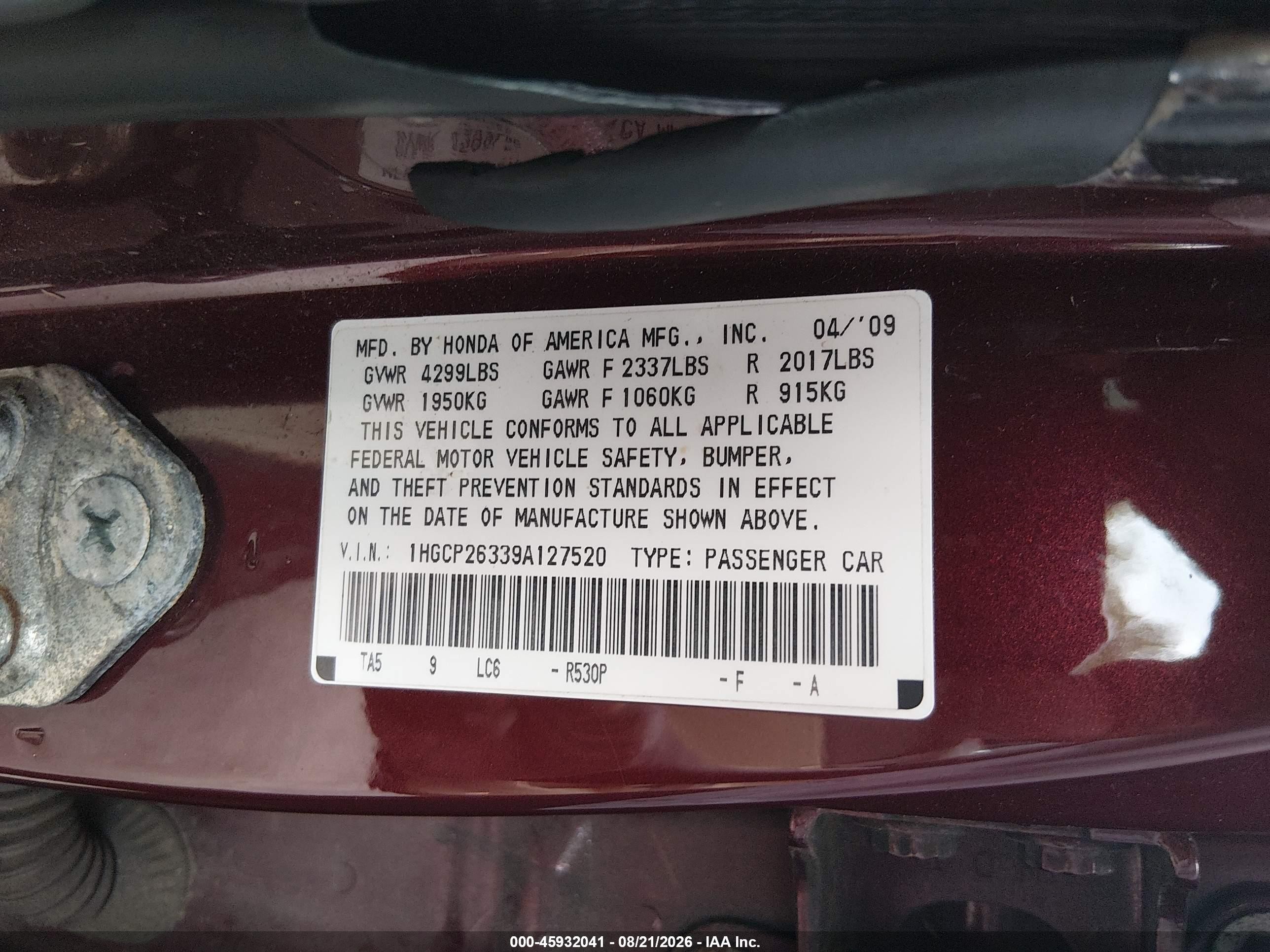 2009 Honda Accord 2.4 Lx Burgundy vin: 1HGCP26339A127520