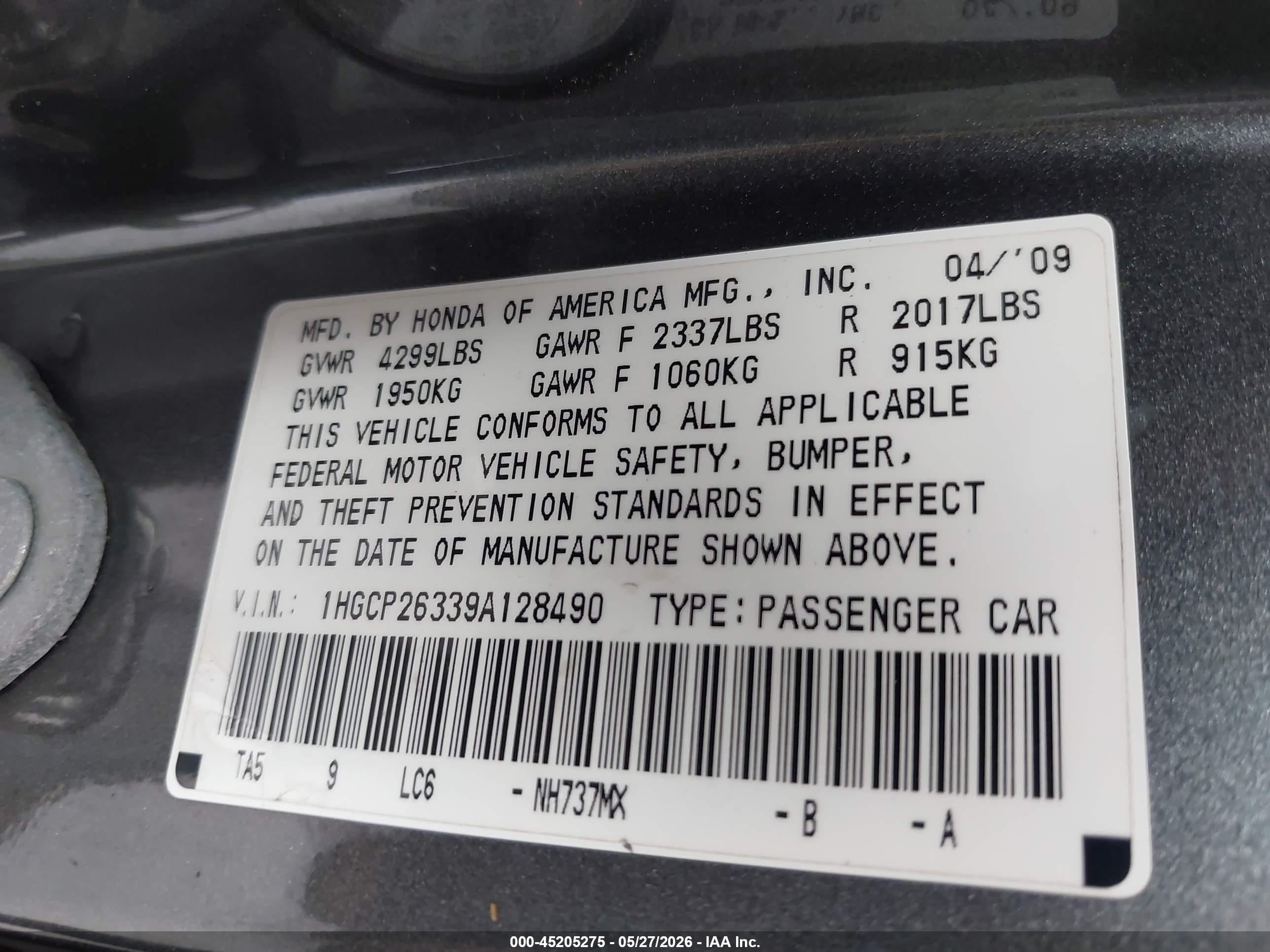 2009 Honda Accord 2.4 Lx Серый vin: 1HGCP26339A128490