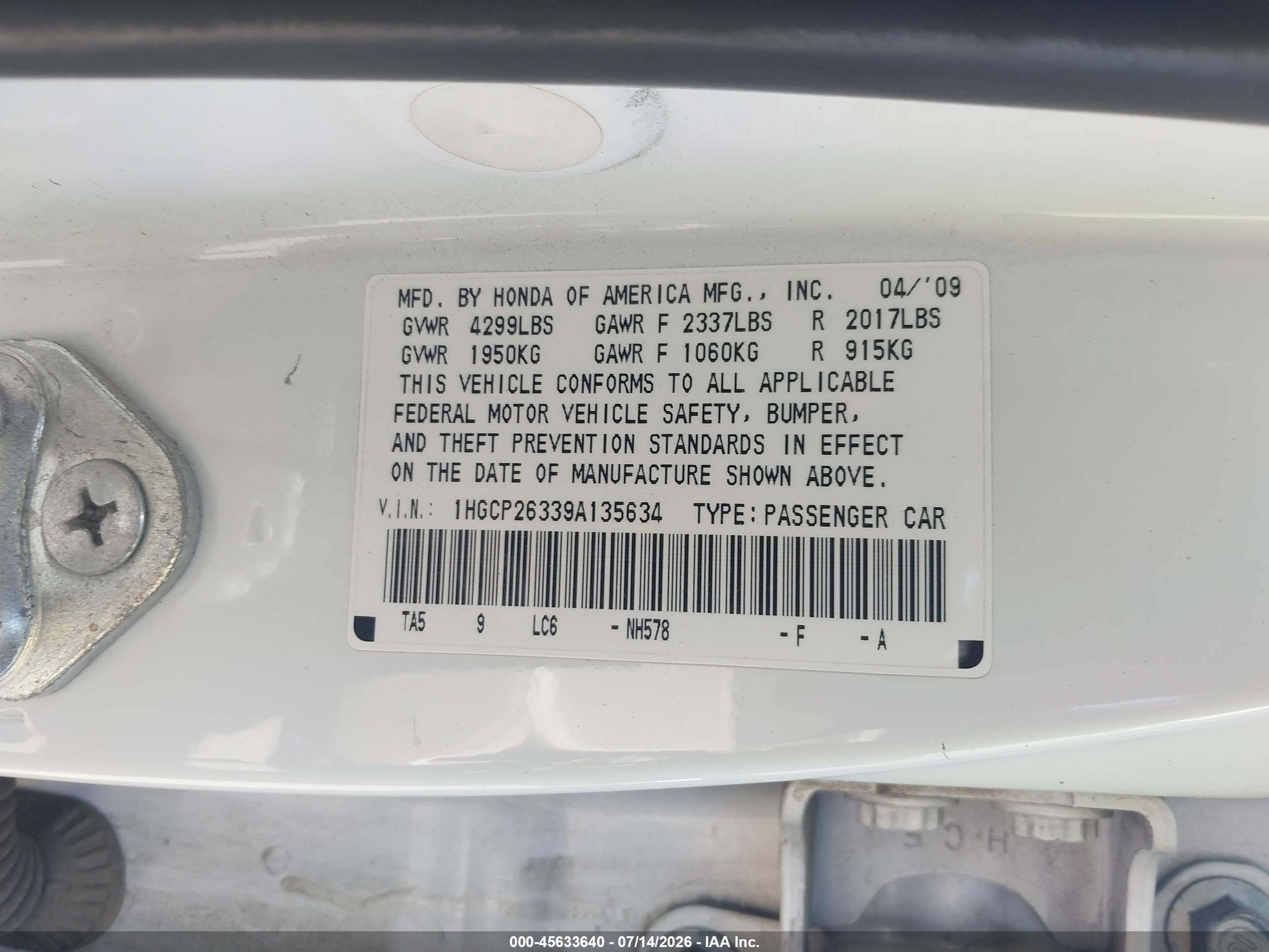 2009 Honda Accord 2.4 Lx Белый vin: 1HGCP26339A135634